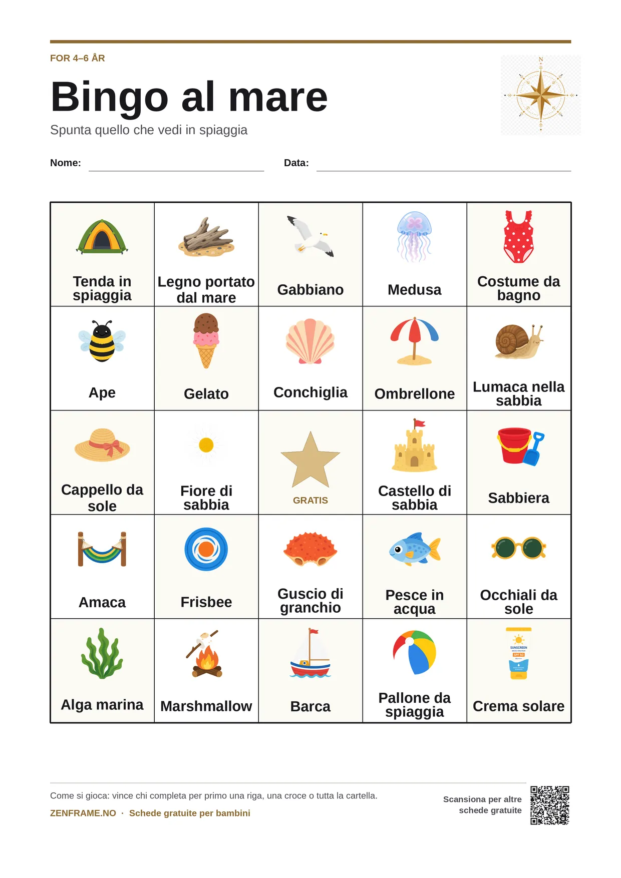 Bingo al mare per bambini 4–6 anni – cartella A4 gratis da stampare