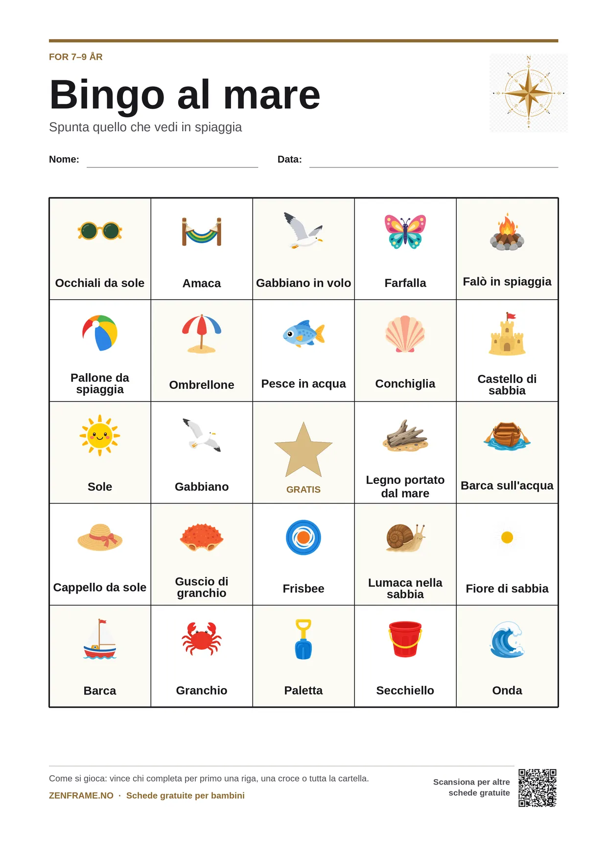 Bingo al mare per bambini 7–9 anni – cartella A4 gratis da stampare