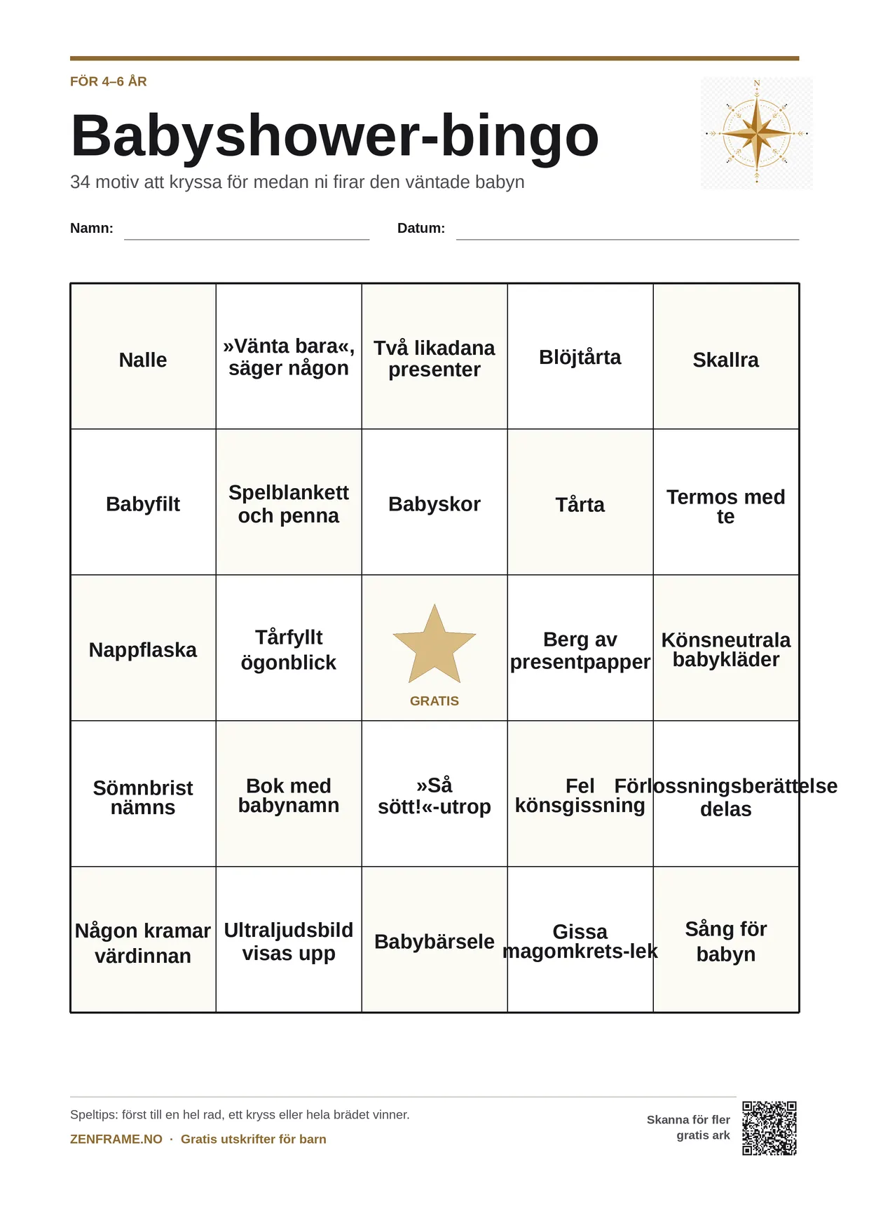 Babyshower-bingo för barn 4–6 år – gratis utskrivbart A4-bräde