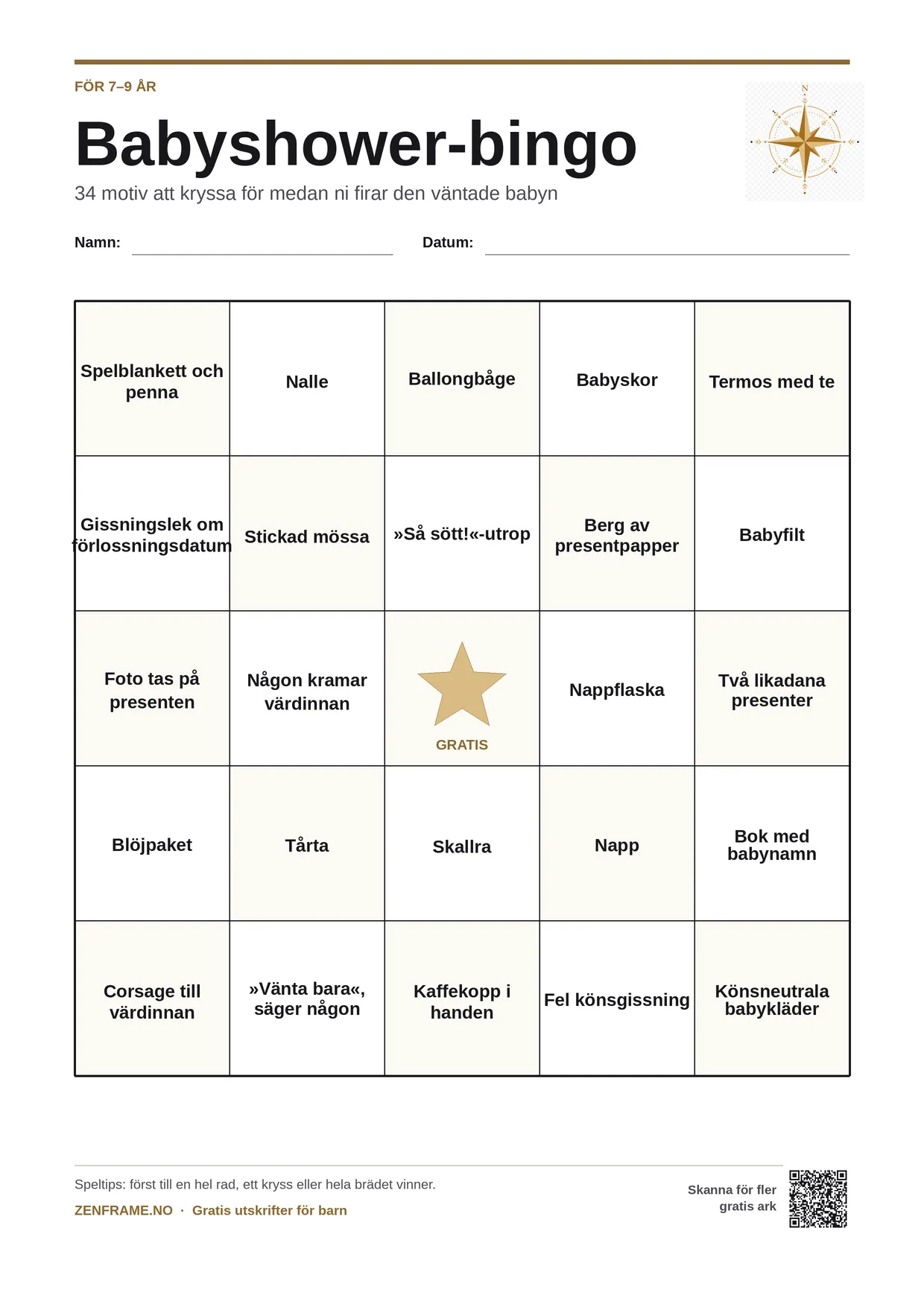 Babyshower-bingo för barn 7–9 år – gratis utskrivbart A4-bräde