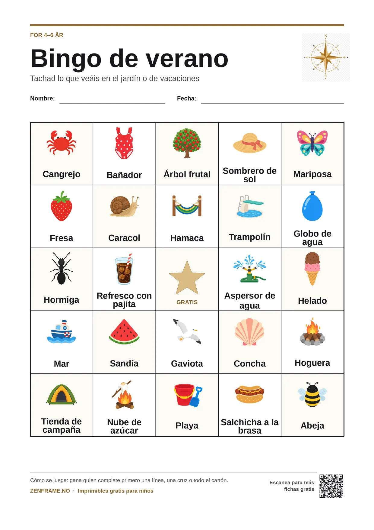 Bingo de verano para niños 4–6 años – tablero A4 gratis para imprimir