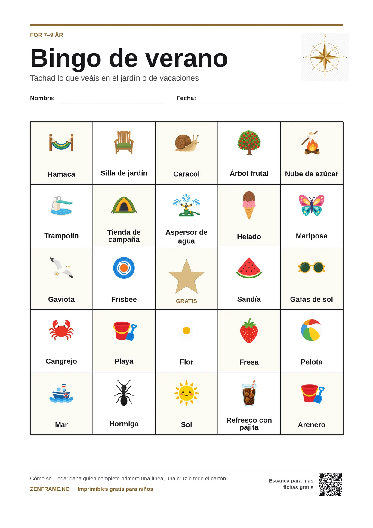 Bingo de verano para niños 7–9 años – tablero A4 gratis para imprimir