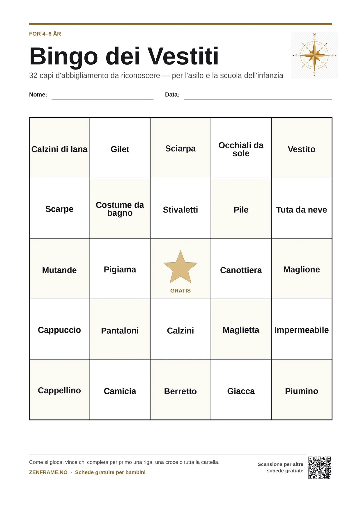 Bingo dei Vestiti per bambini 4–6 anni – cartella A4 gratis da stampare