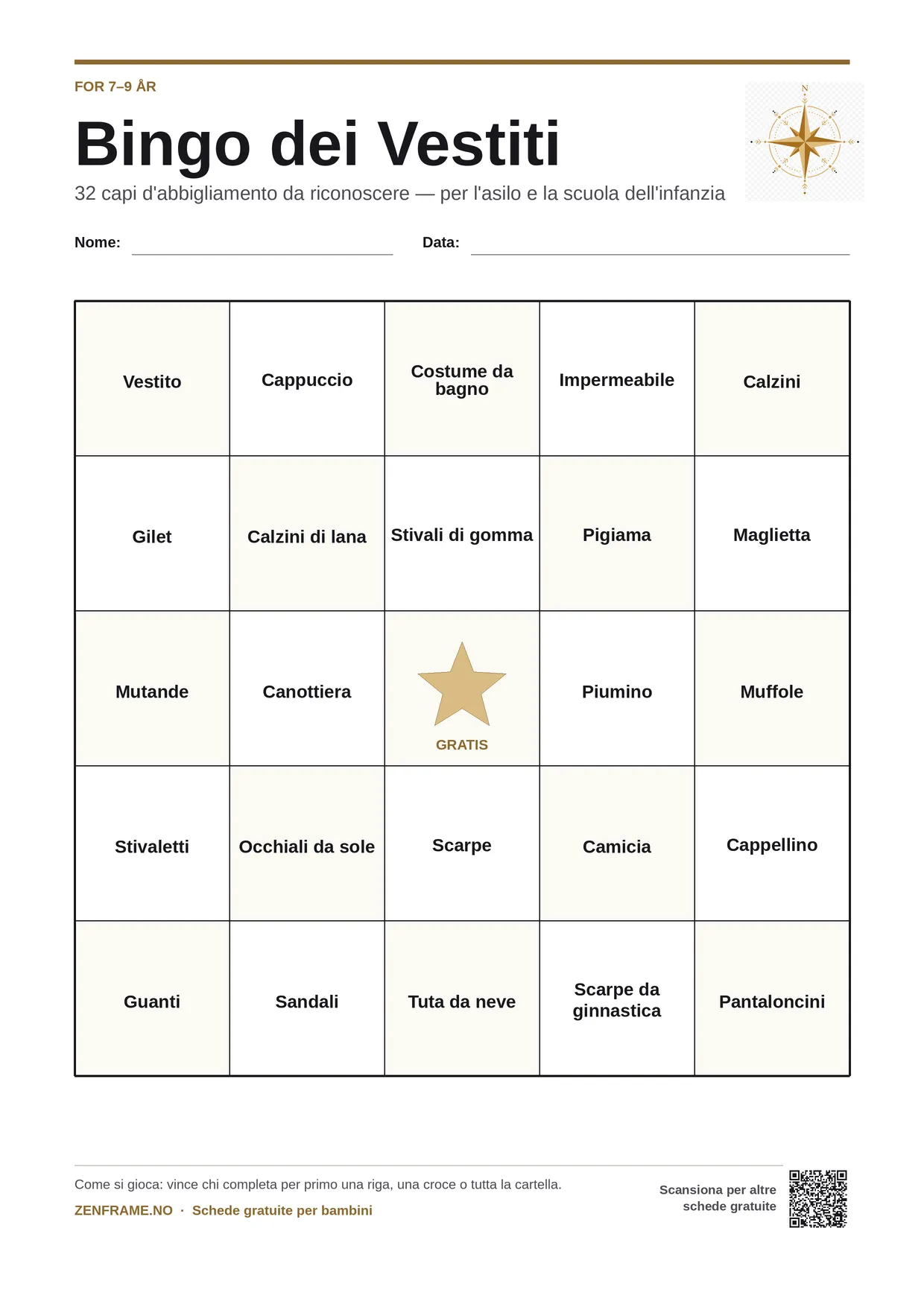 Bingo dei Vestiti per bambini 7–9 anni – cartella A4 gratis da stampare