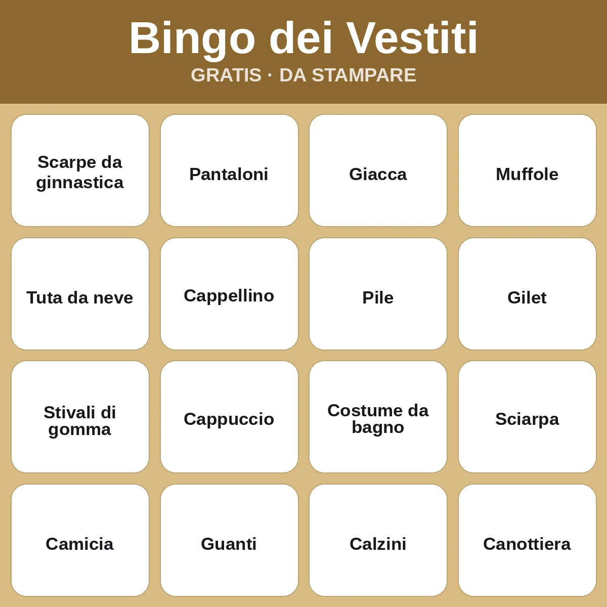 Bingo dei Vestiti – bingo gratis da stampare per bambini