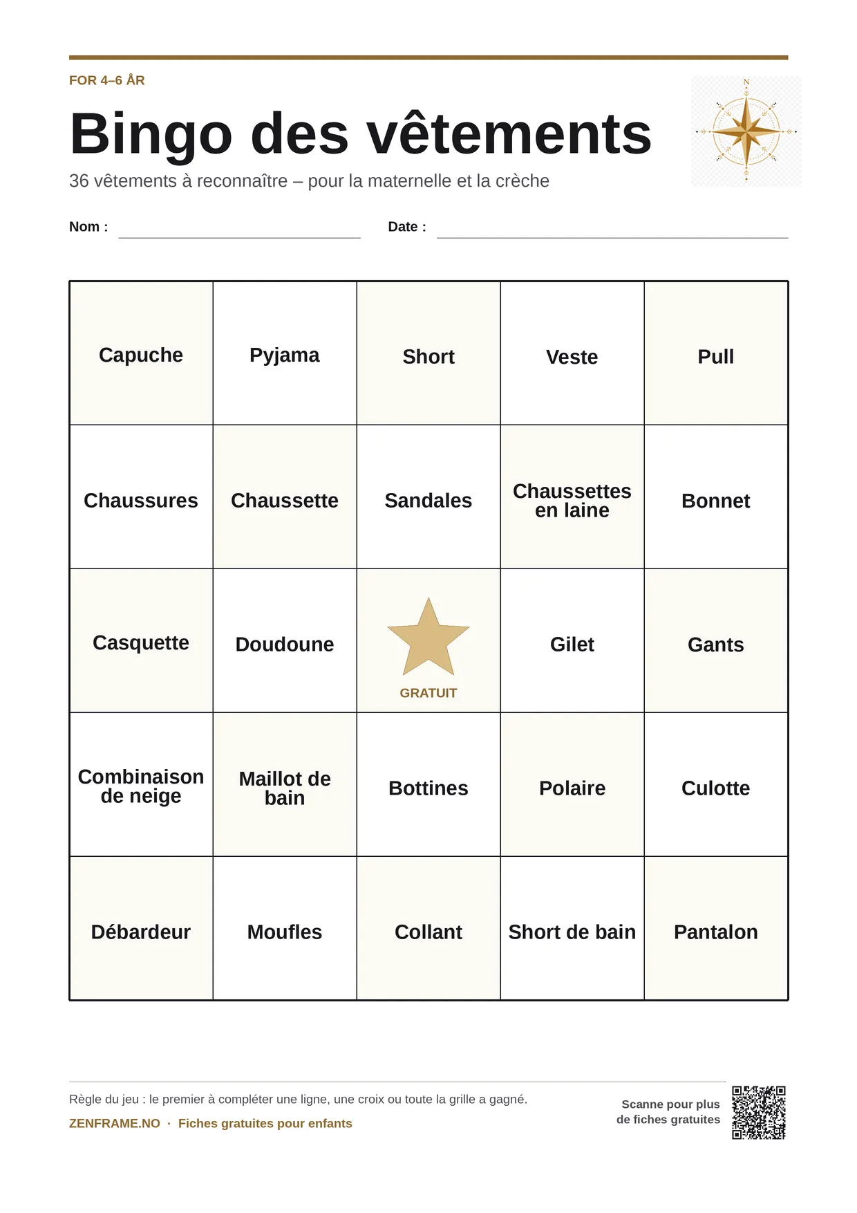 Bingo des vêtements pour enfants 4–6 ans – planche A4 gratuite à imprimer