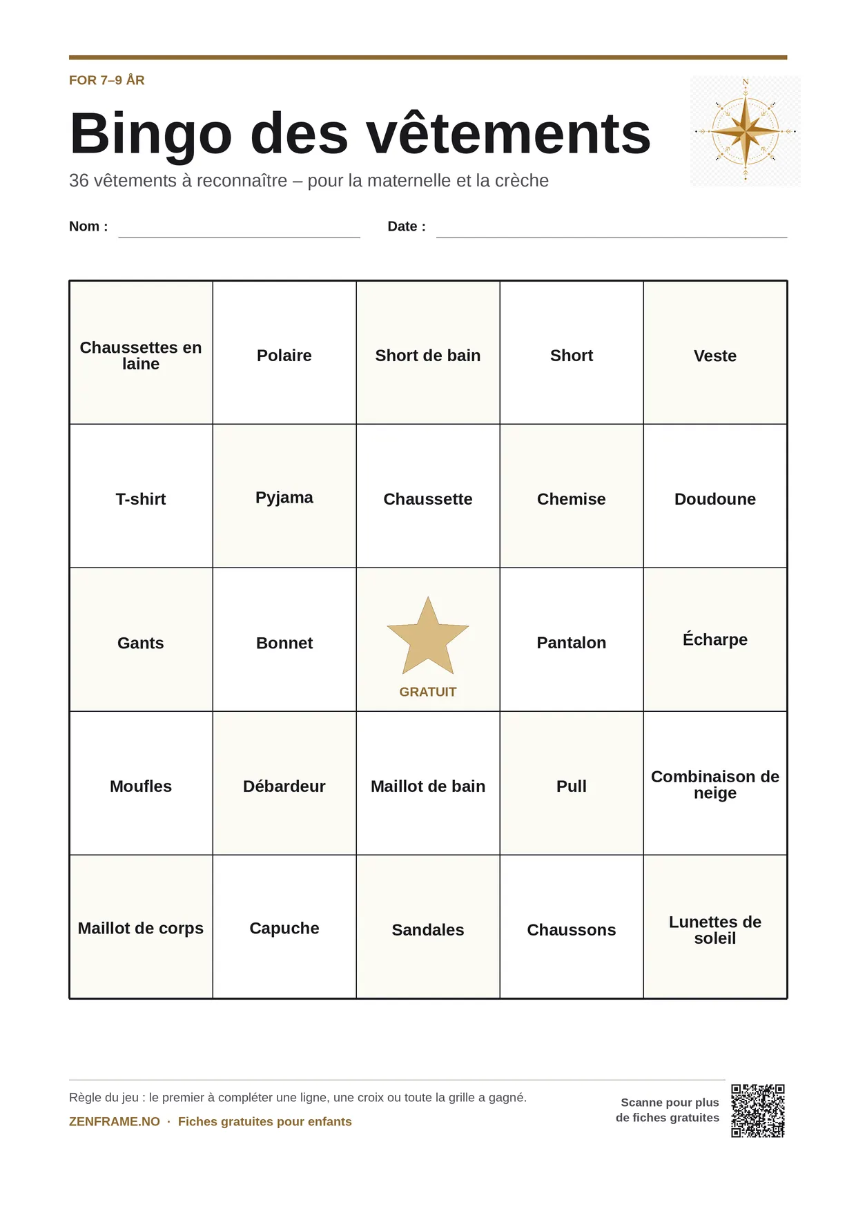 Bingo des vêtements pour enfants 7–9 ans – planche A4 gratuite à imprimer