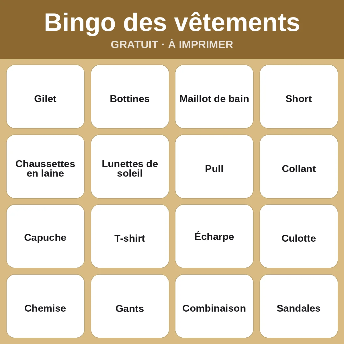 Bingo des vêtements – bingo gratuit à imprimer pour enfants