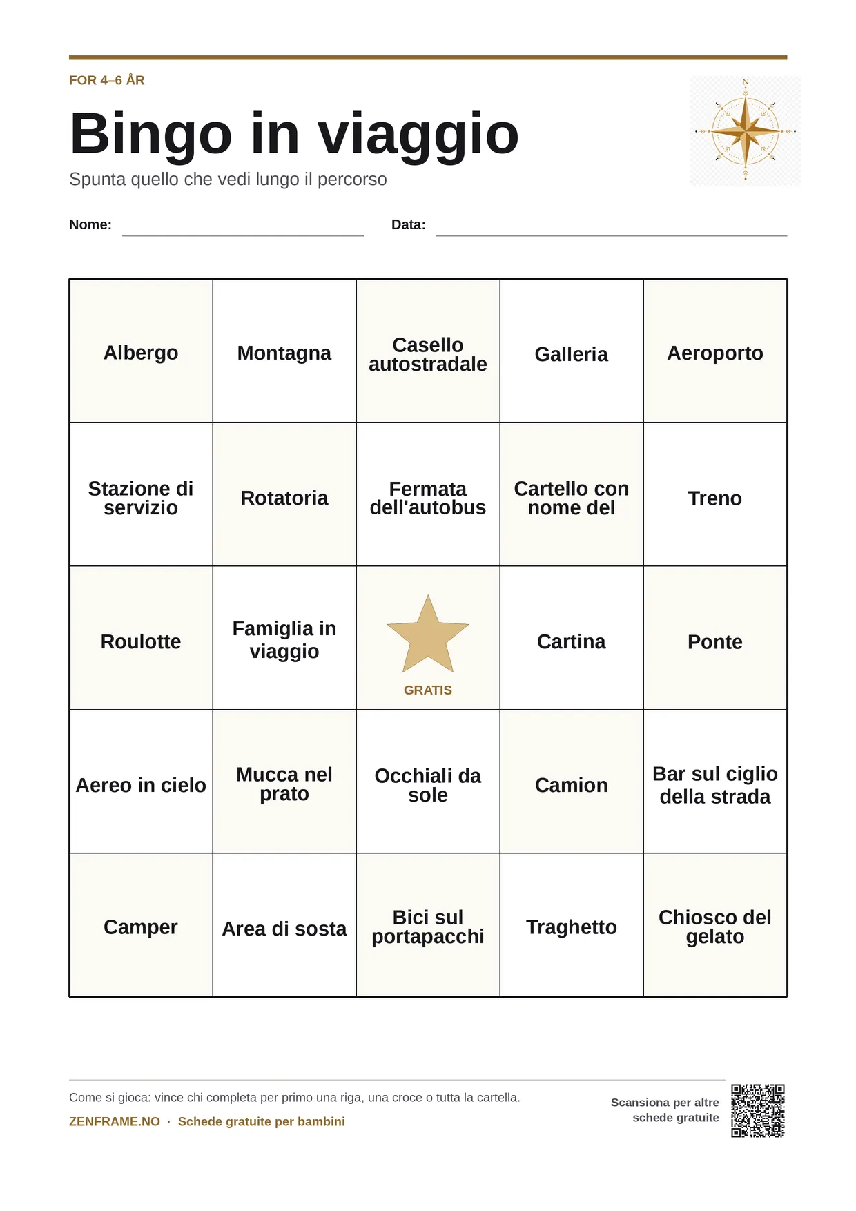 Bingo in viaggio per bambini 4–6 anni – cartella A4 gratis da stampare