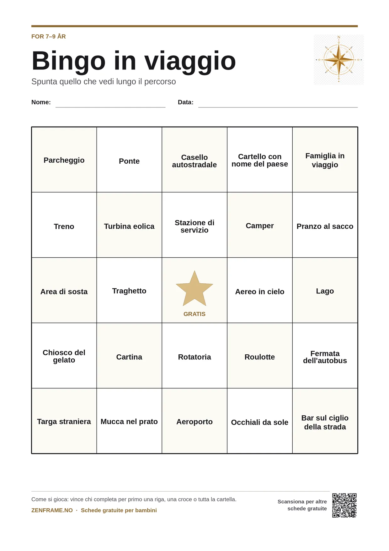 Bingo in viaggio per bambini 7–9 anni – cartella A4 gratis da stampare