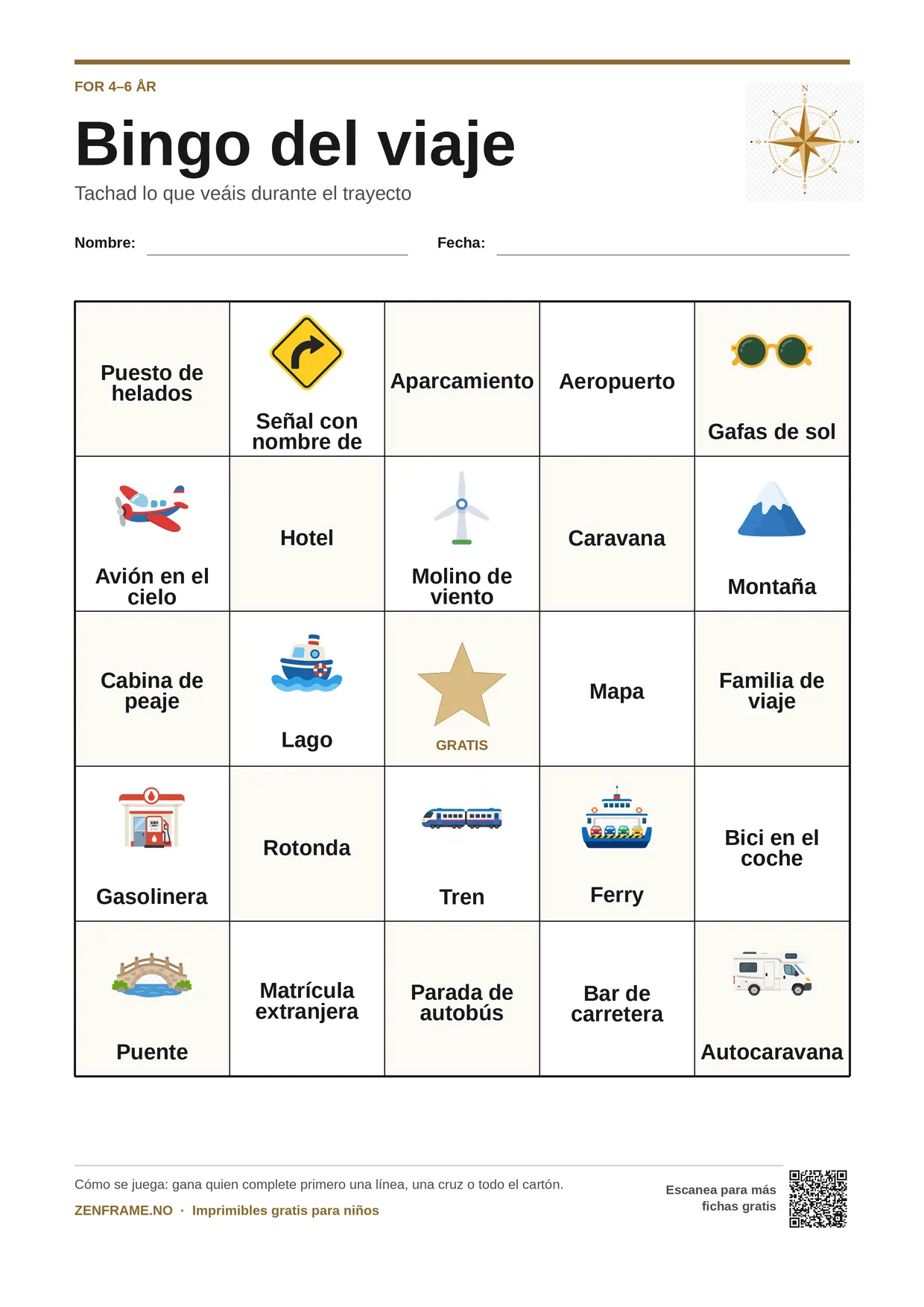 Bingo del viaje para niños 4–6 años – tablero A4 gratis para imprimir
