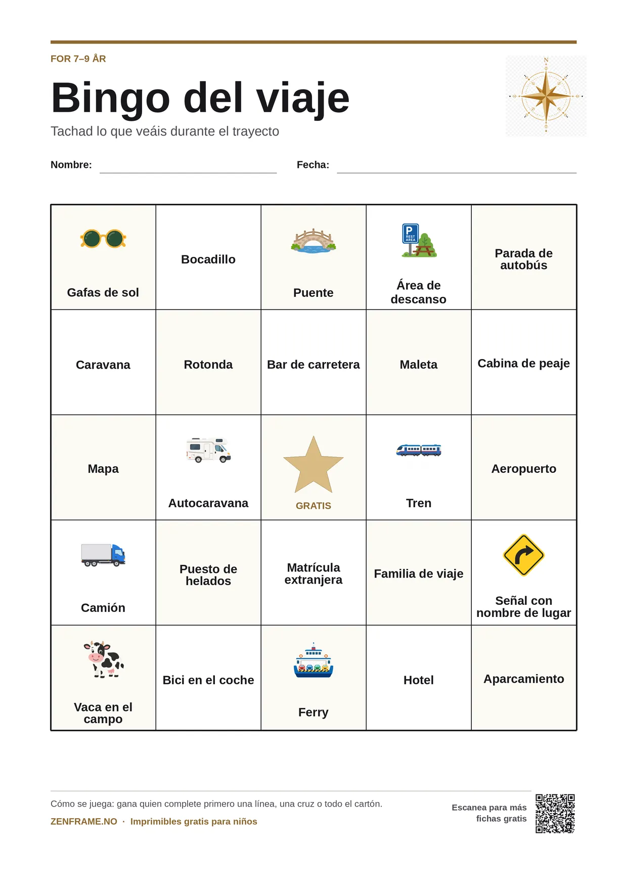 Bingo del viaje para niños 7–9 años – tablero A4 gratis para imprimir