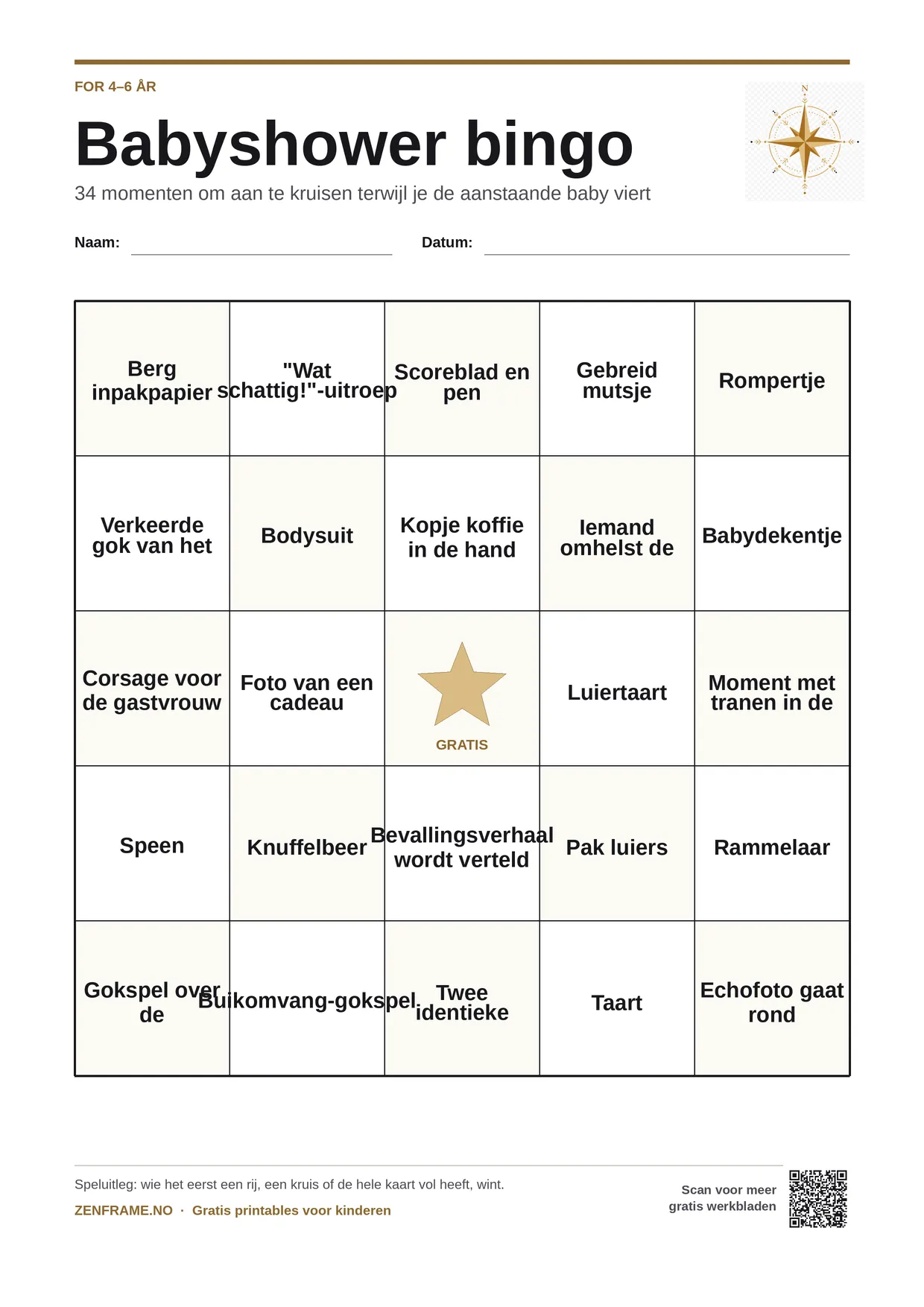 Babyshower bingo voor kinderen 4–6 jaar – gratis printbare A4-kaart