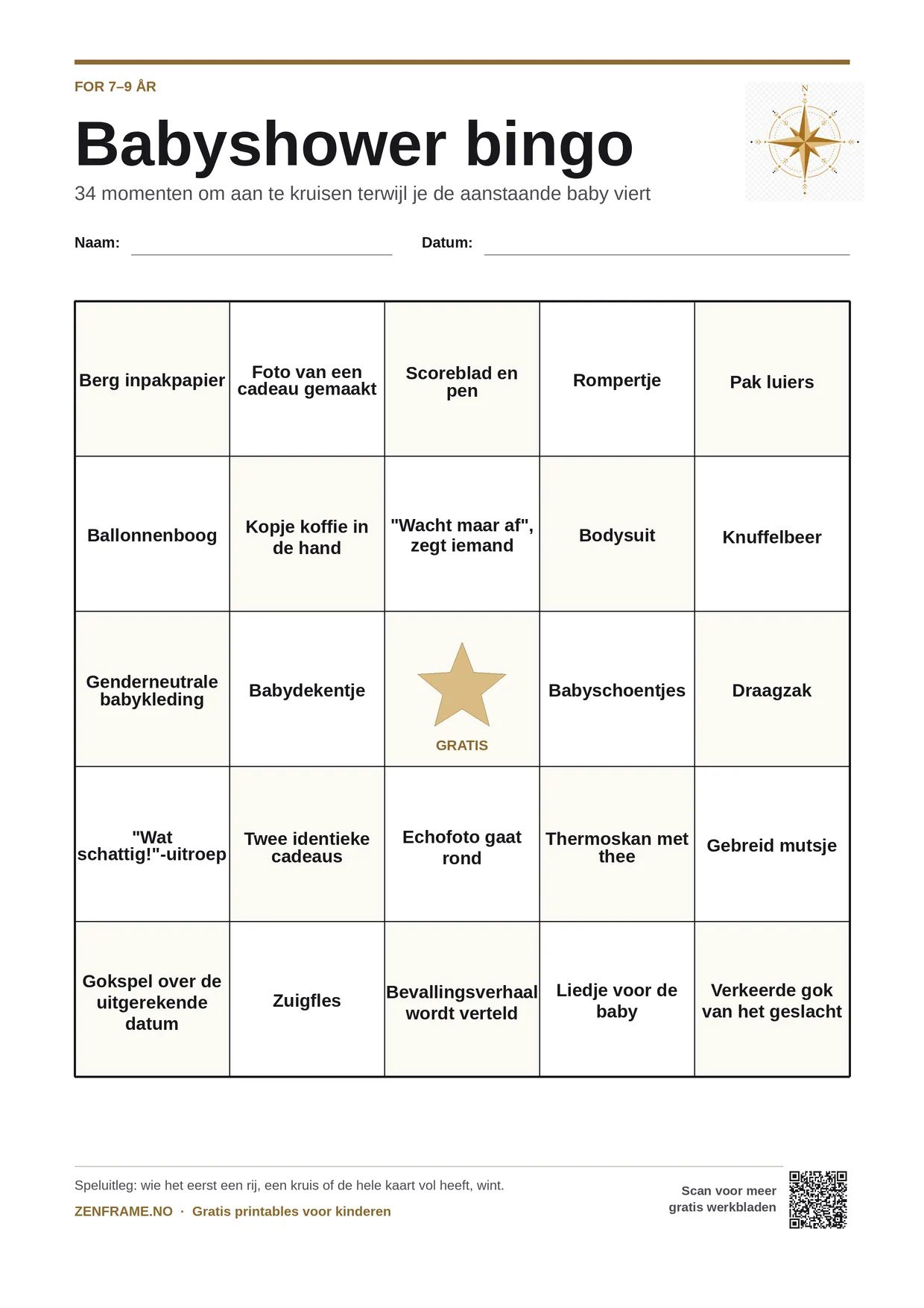 Babyshower bingo voor kinderen 7–9 jaar – gratis printbare A4-kaart