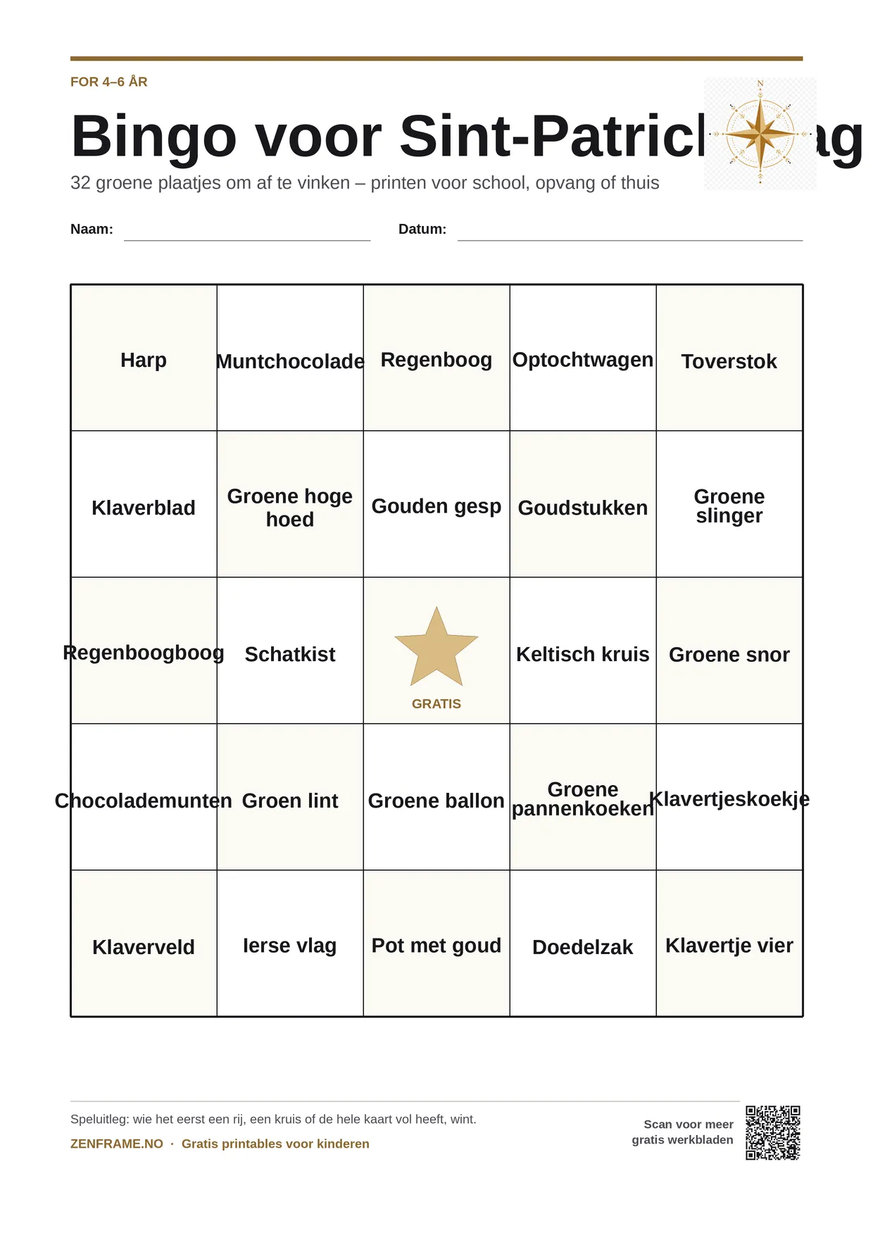 Bingo voor Sint-Patricksdag voor kinderen 4–6 jaar – gratis printbare A4-kaart