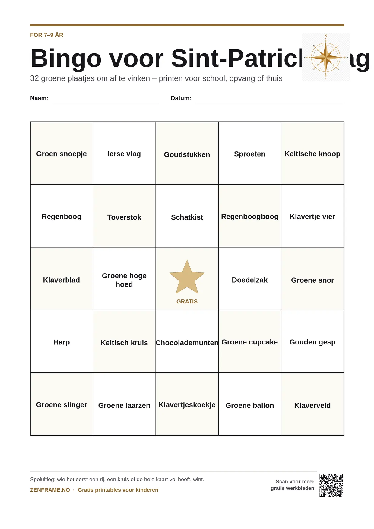 Bingo voor Sint-Patricksdag voor kinderen 7–9 jaar – gratis printbare A4-kaart