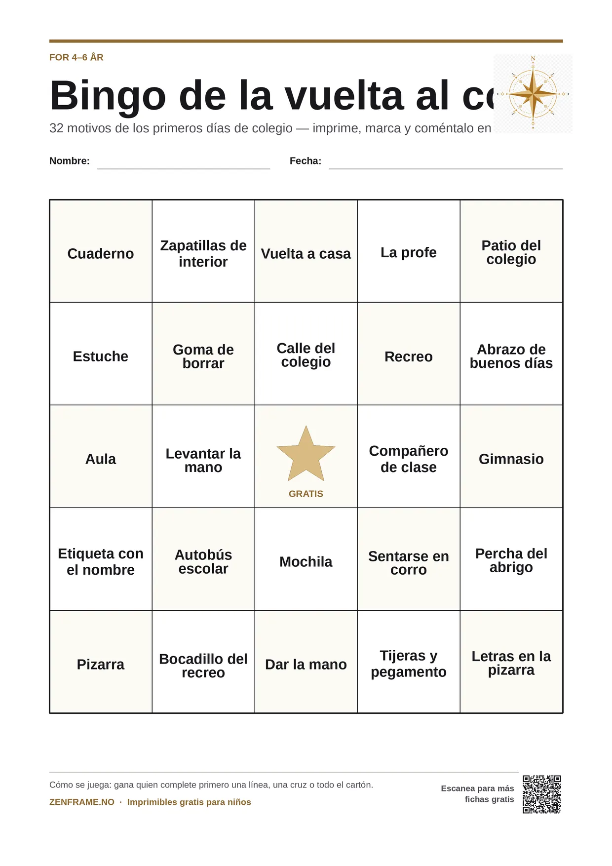 Bingo de la vuelta al cole para niños 4–6 años – tablero A4 gratis para imprimir