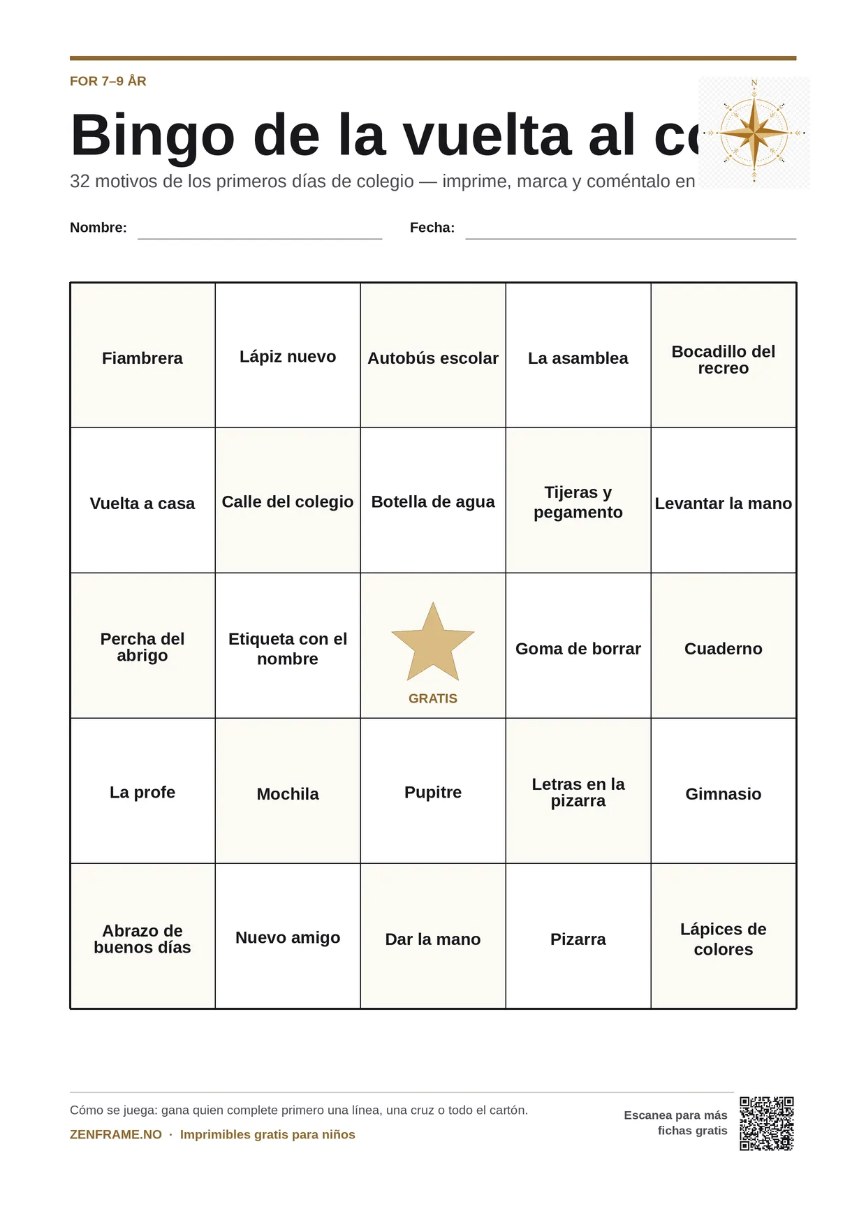 Bingo de la vuelta al cole para niños 7–9 años – tablero A4 gratis para imprimir