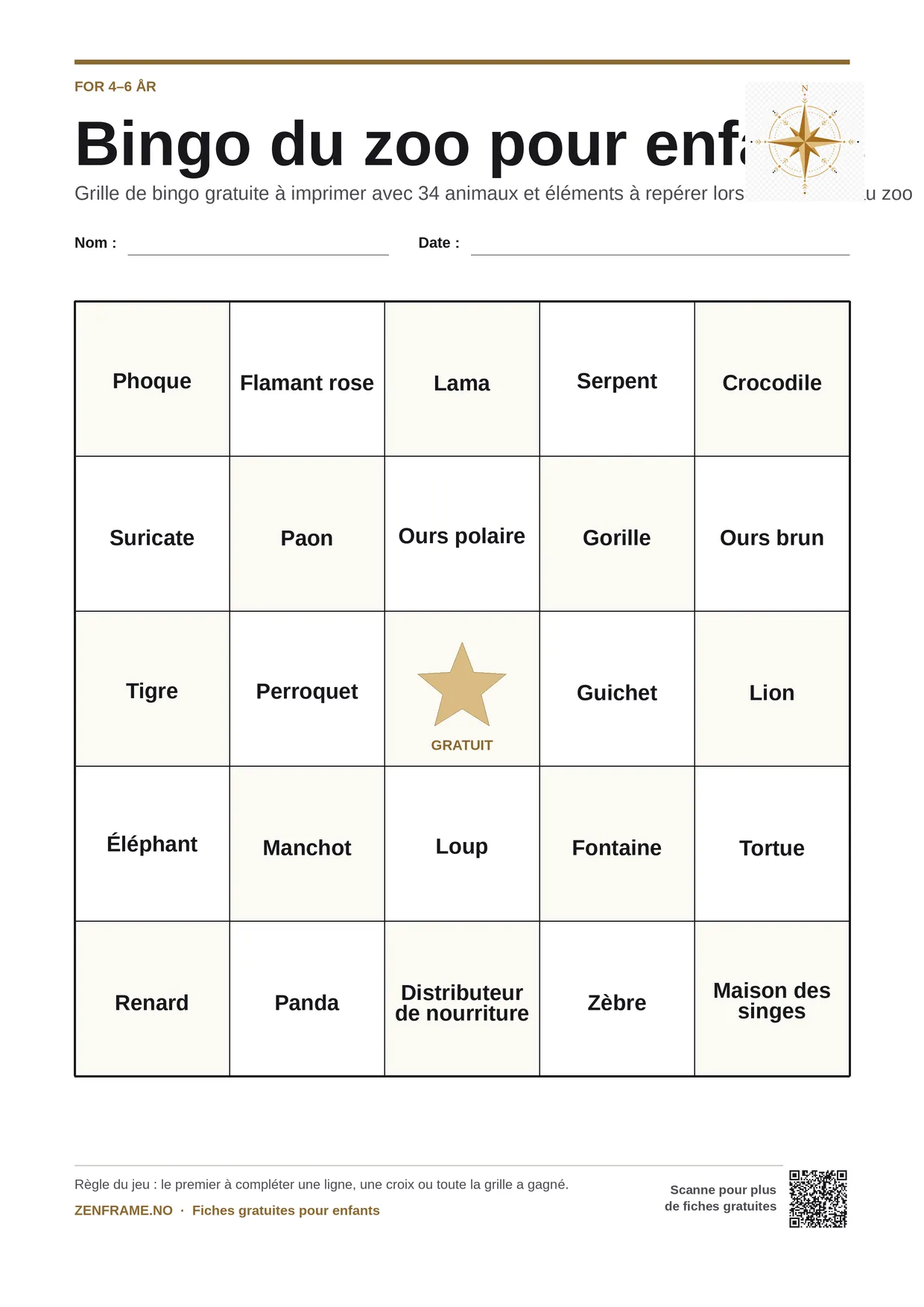 Bingo du zoo pour enfants 4–6 ans – planche A4 gratuite à imprimer