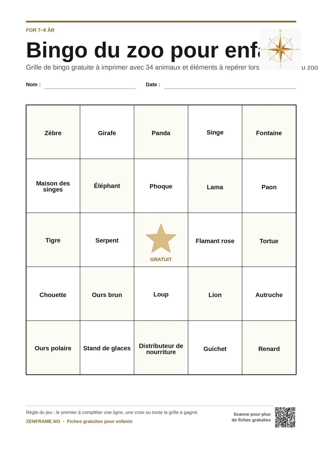 Bingo du zoo pour enfants 7–9 ans – planche A4 gratuite à imprimer