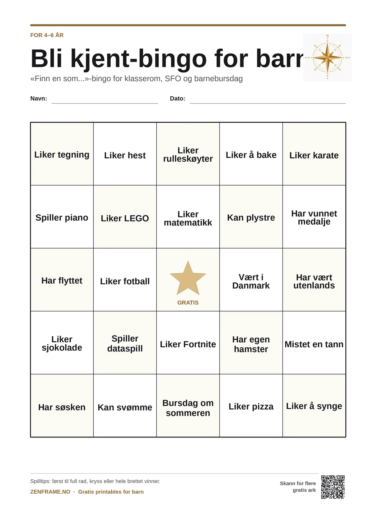 Bli kjent-bingo for barn 4–6 år – gratis utskrivbart A4-brett