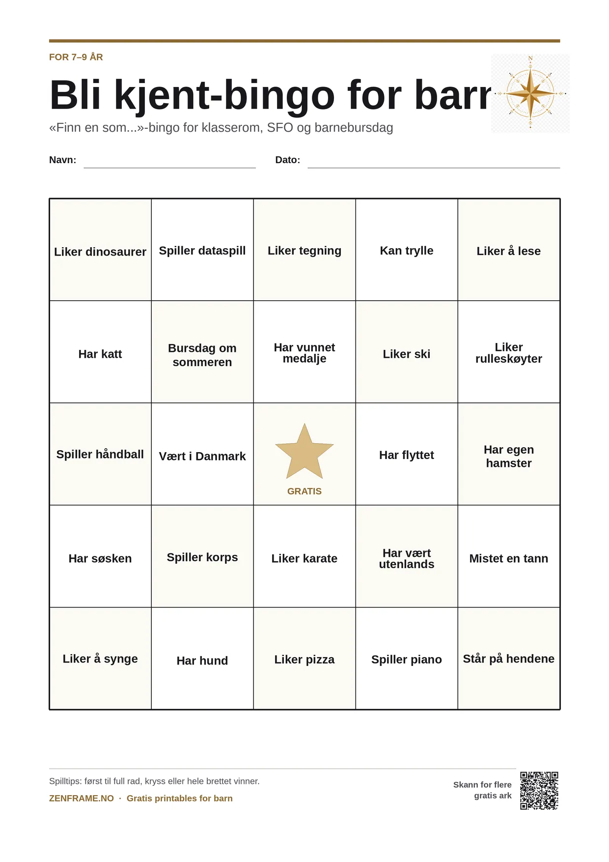 Bli kjent-bingo for barn 7–9 år – gratis utskrivbart A4-brett