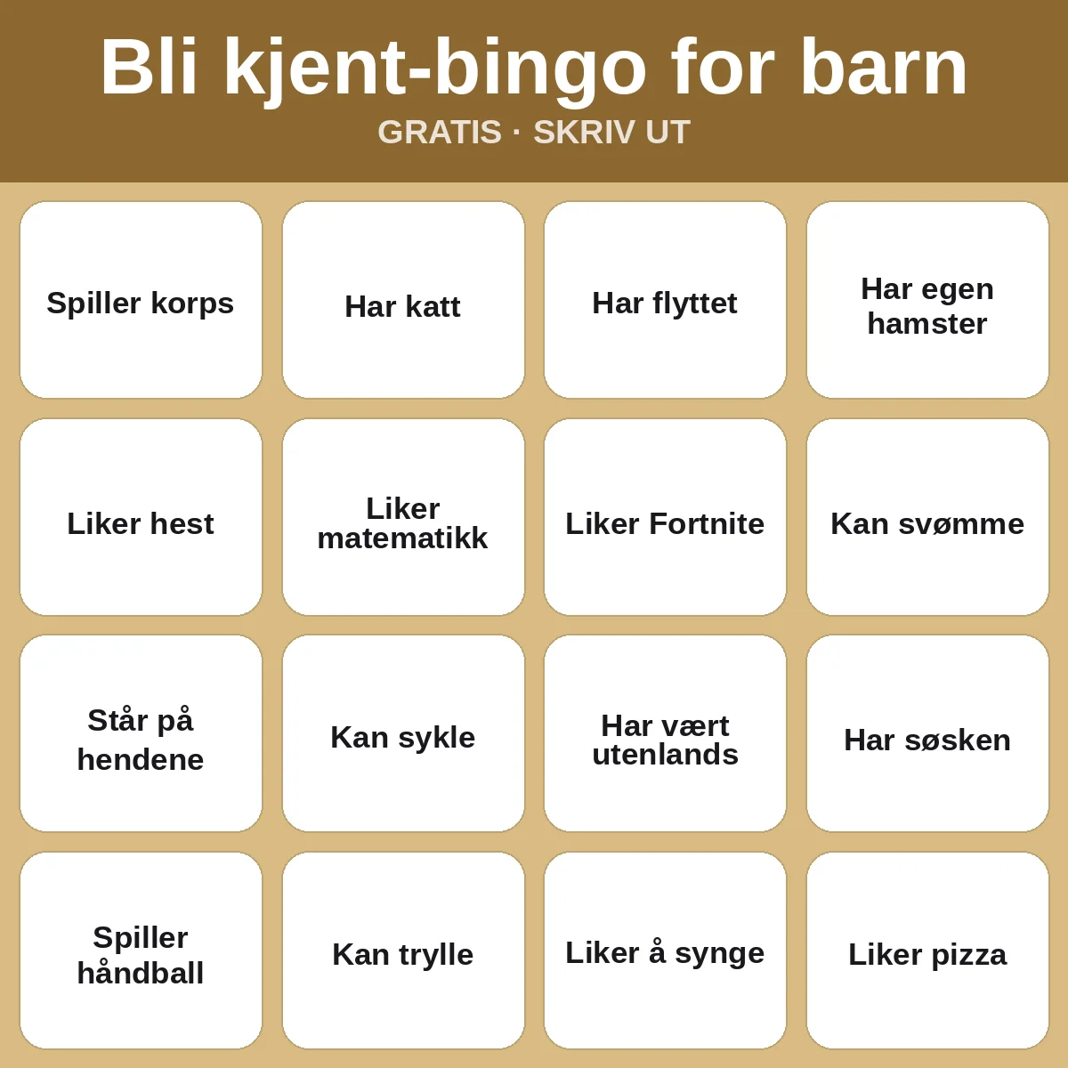 Bli kjent-bingo for barn – gratis bingo til utskrift for barn