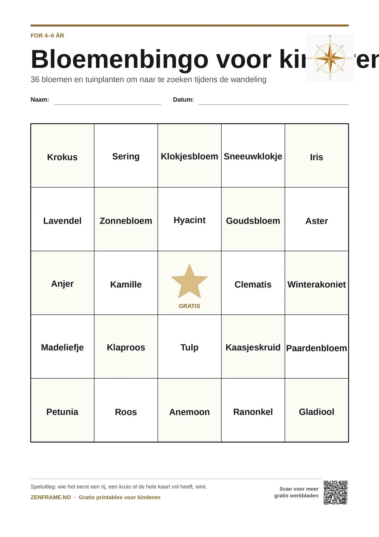 Bloemenbingo voor kinderen 4–6 jaar – gratis printbare A4-kaart