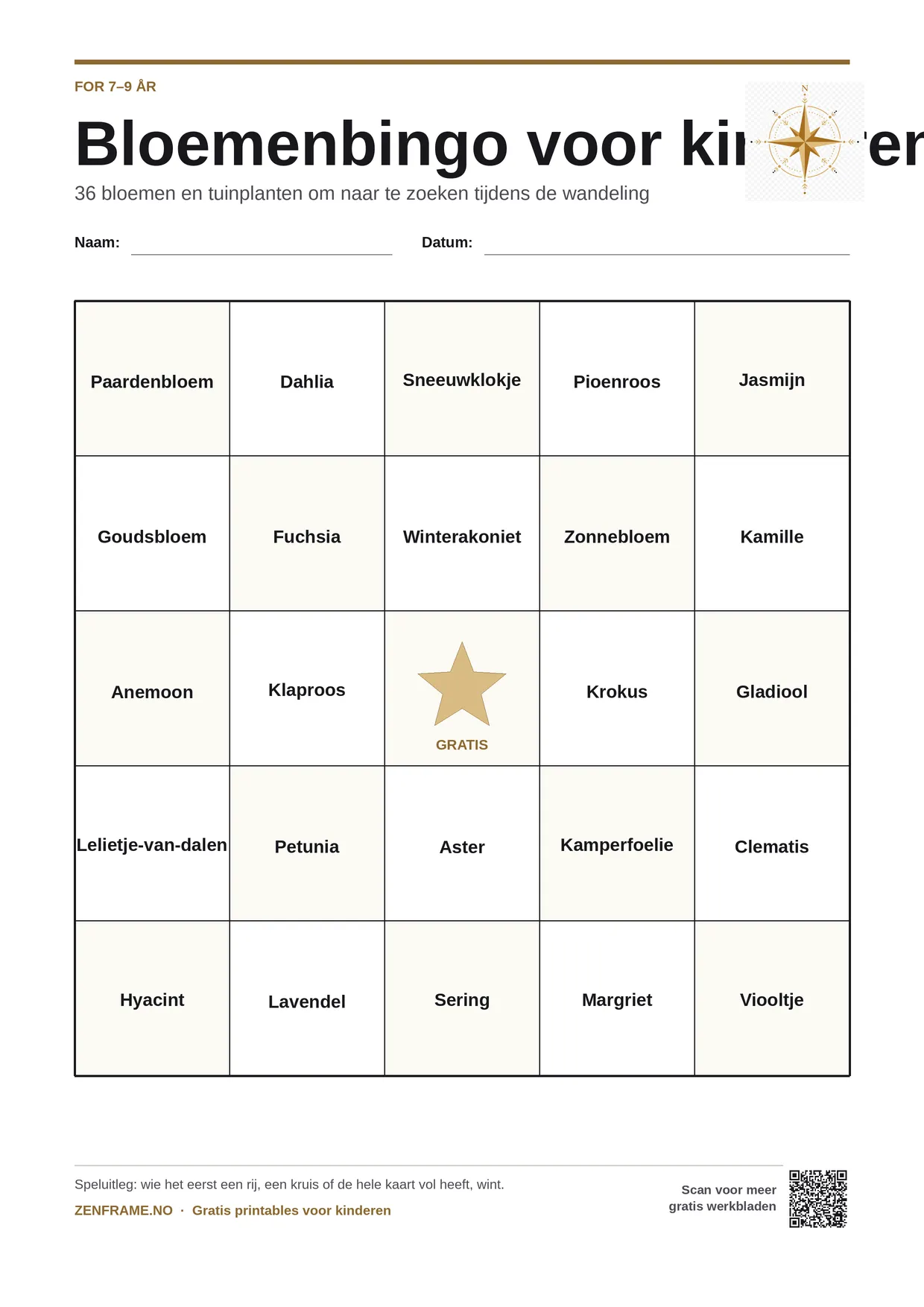 Bloemenbingo voor kinderen 7–9 jaar – gratis printbare A4-kaart