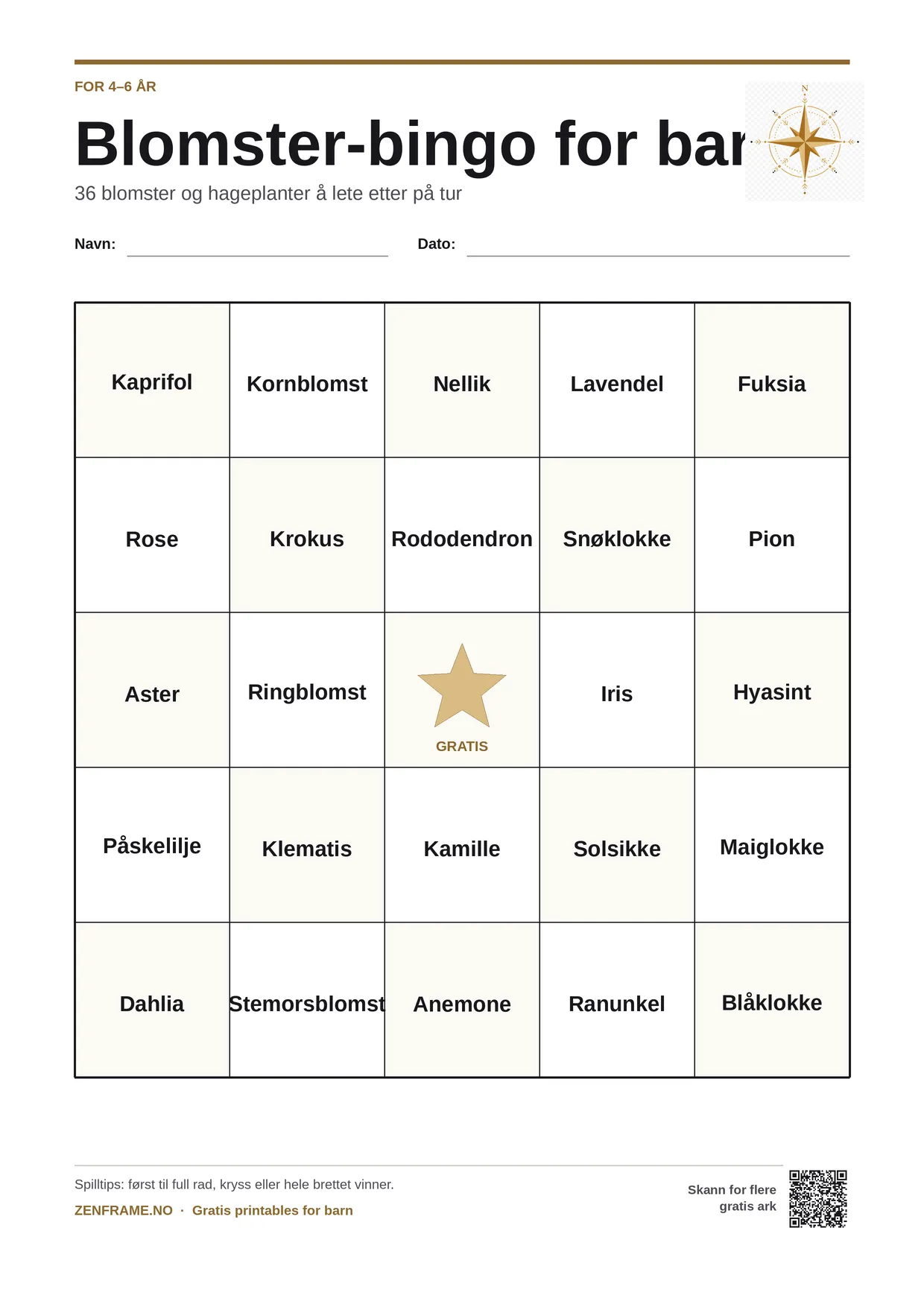 Blomster-bingo for barn 4–6 år – gratis utskrivbart A4-brett