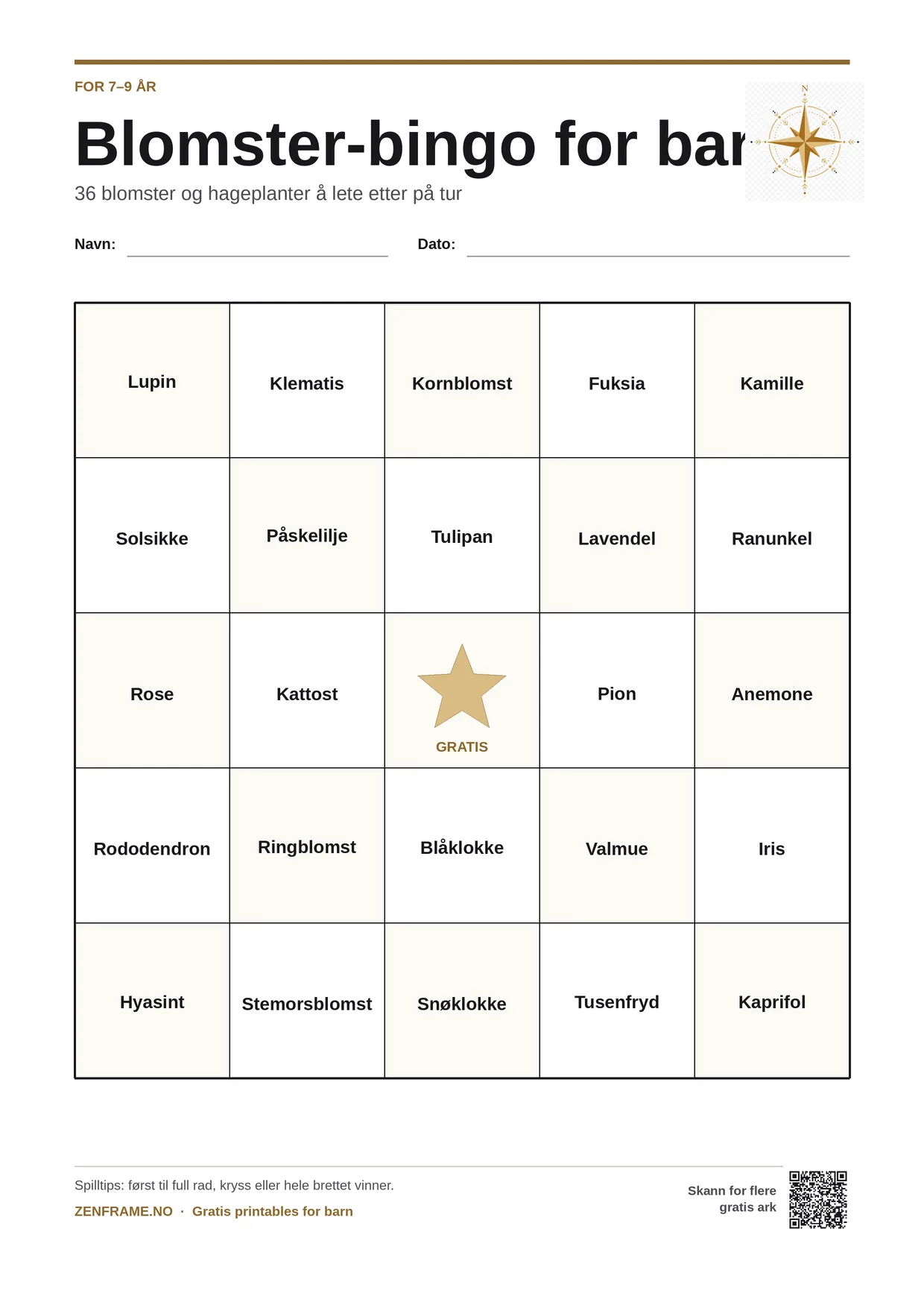 Blomster-bingo for barn 7–9 år – gratis utskrivbart A4-brett