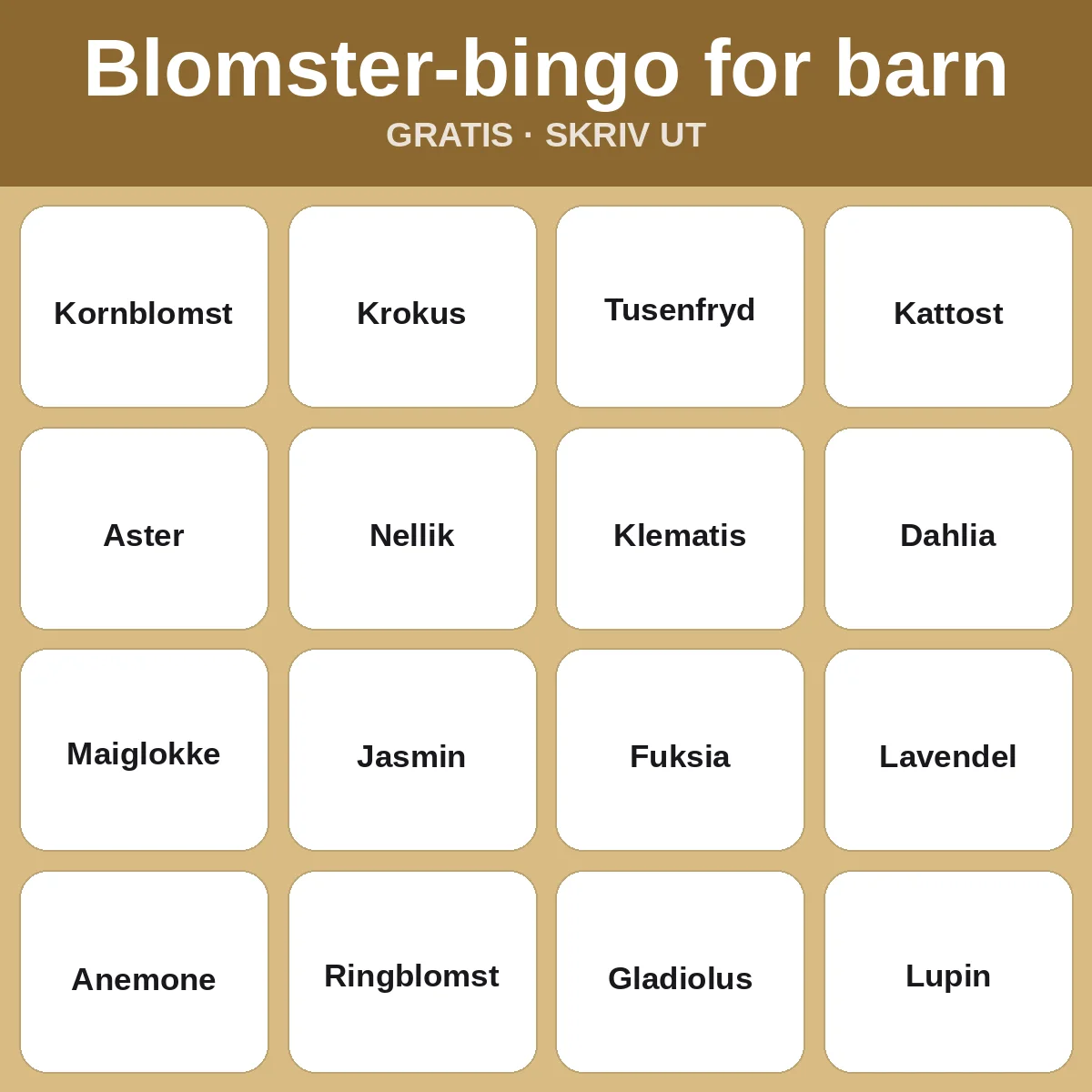 Blomster-bingo for barn – gratis bingo til utskrift for barn