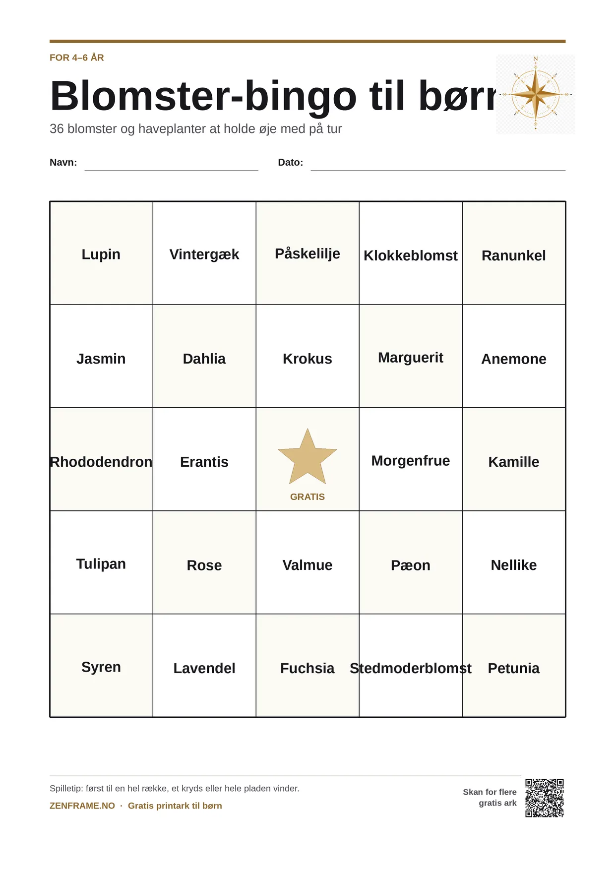 Blomster-bingo for børn 4–6 år – gratis printbar A4-plade