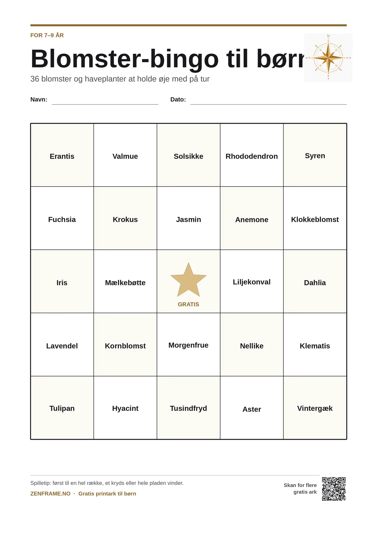 Blomster-bingo for børn 7–9 år – gratis printbar A4-plade