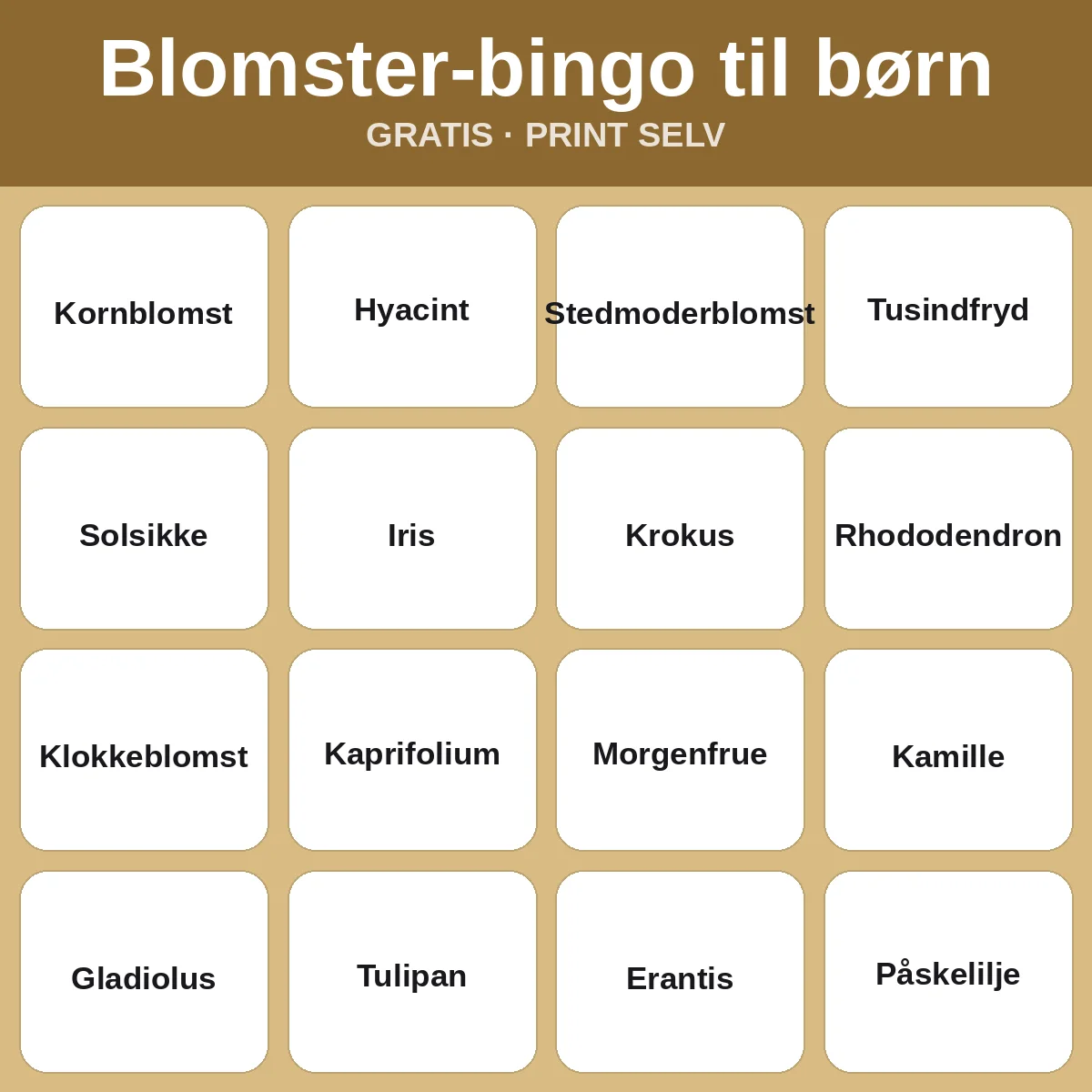 Blomster-bingo til børn – gratis bingo til print for børn