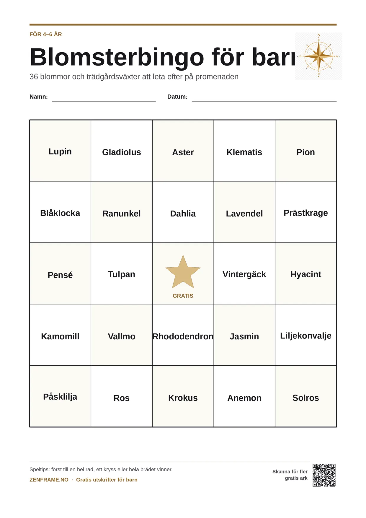 Blomsterbingo för barn 4–6 år – gratis utskrivbart A4-bräde