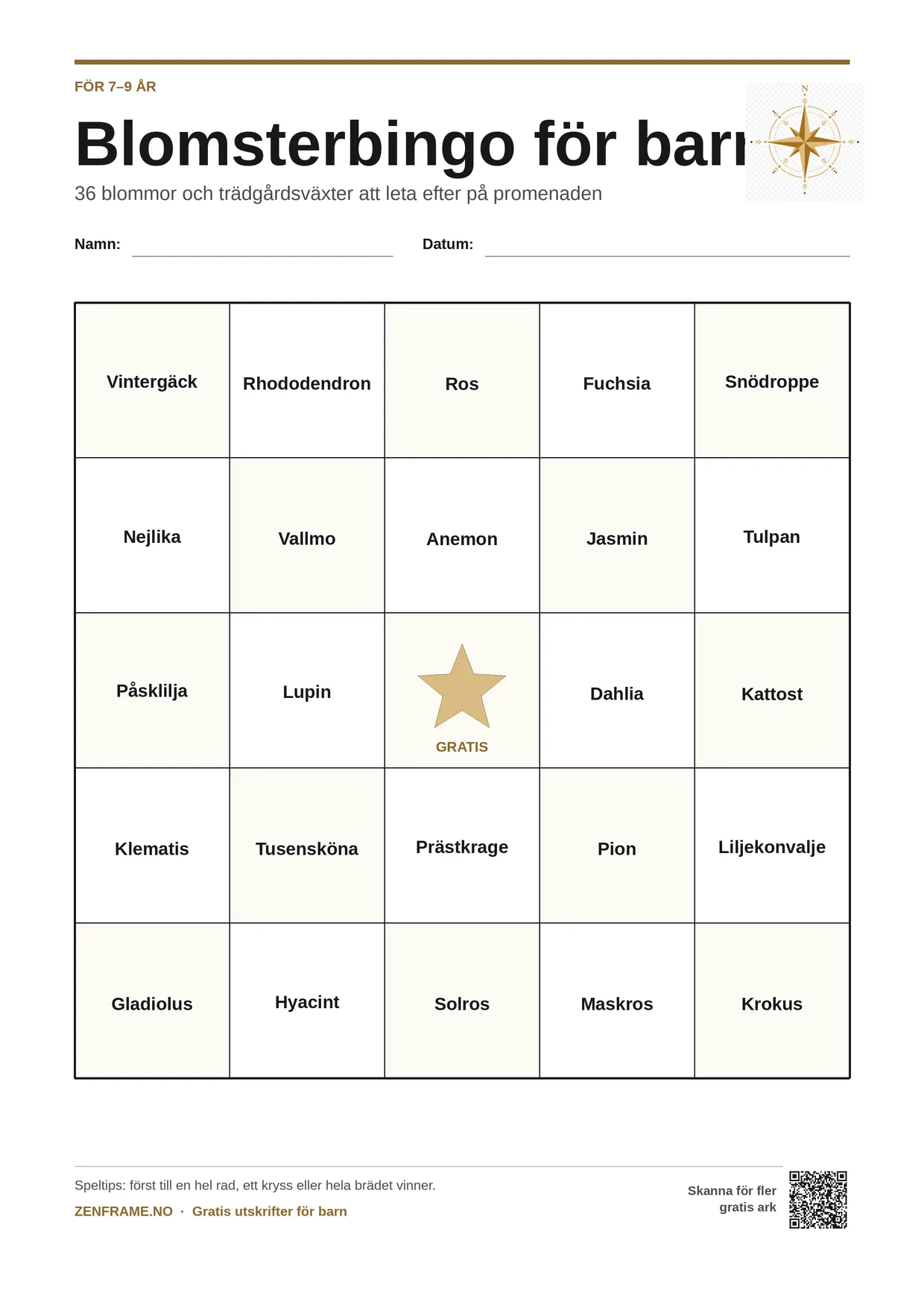 Blomsterbingo för barn 7–9 år – gratis utskrivbart A4-bräde