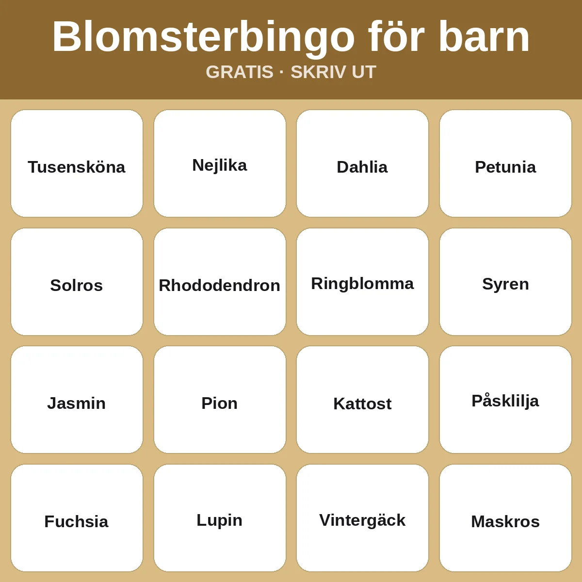 Blomsterbingo för barn – gratis bingo att skriva ut för barn