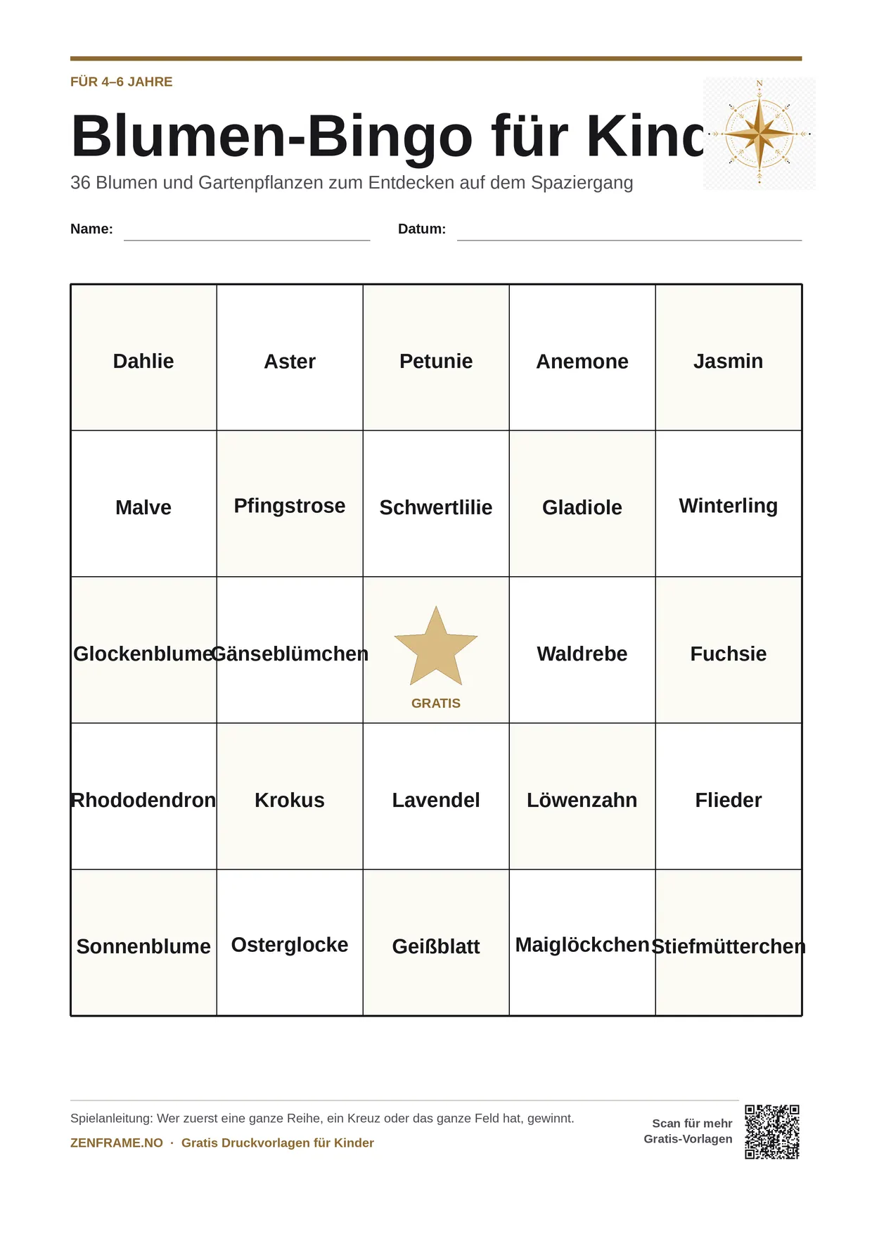 Blumen-Bingo für Kinder 4–6 Jahre – kostenlose A4-Vorlage zum Ausdrucken