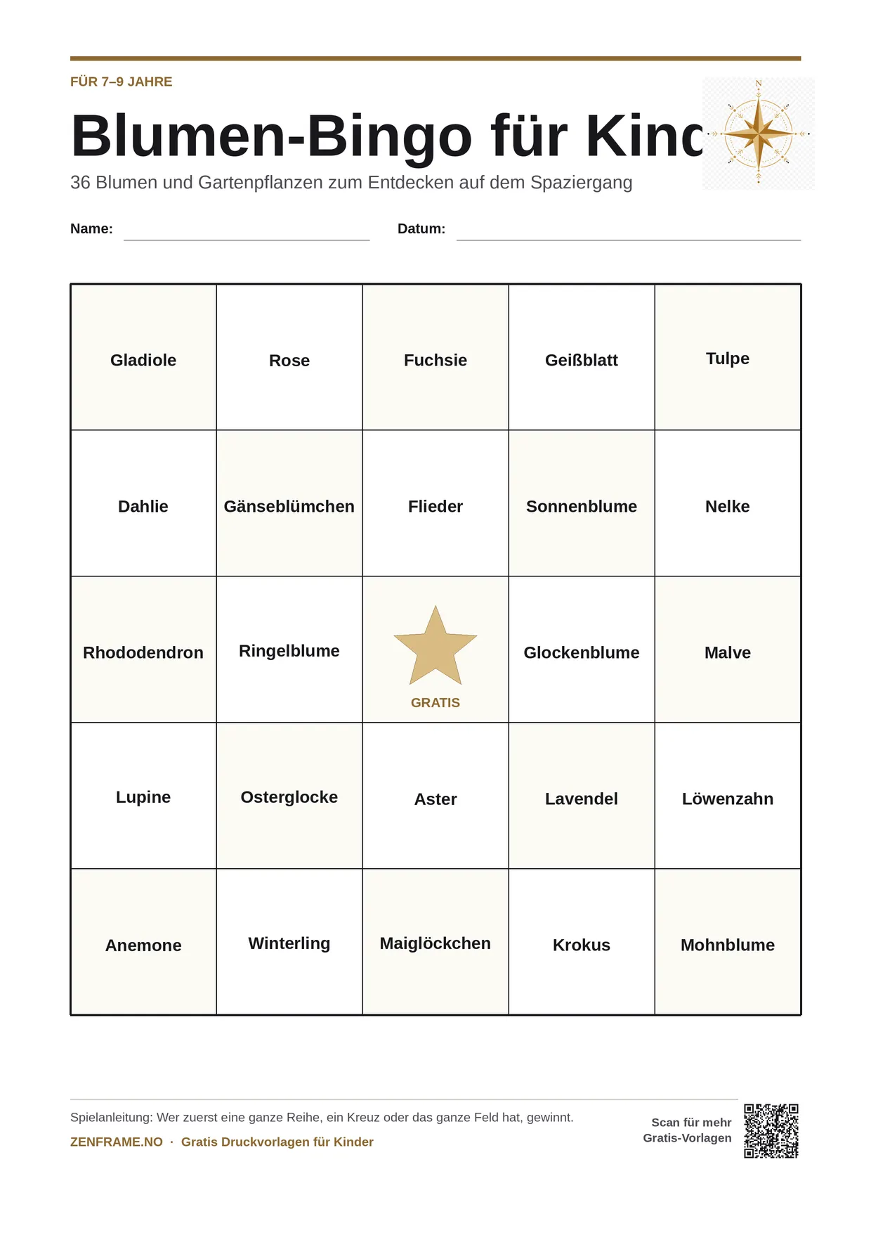 Blumen-Bingo für Kinder 7–9 Jahre – kostenlose A4-Vorlage zum Ausdrucken