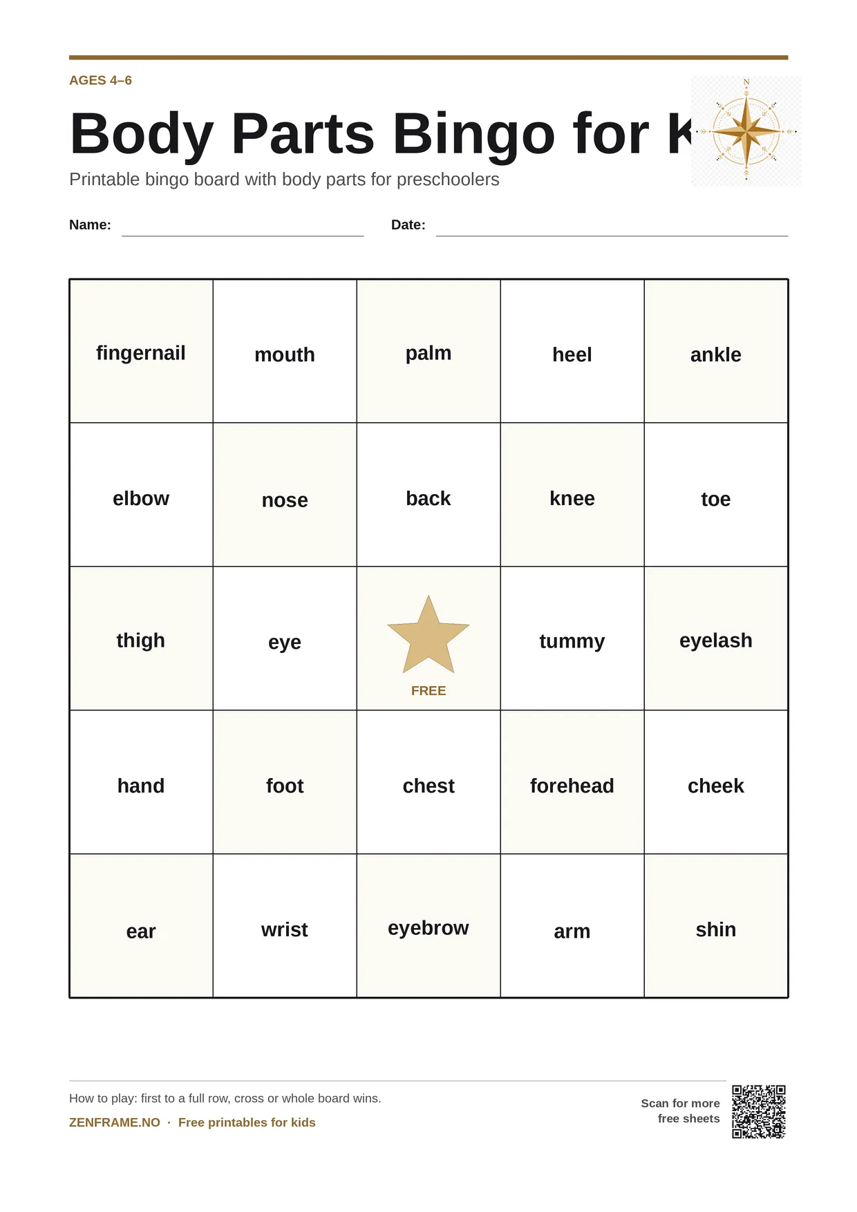Body Parts Bingo for kids ages 4–6 – free printable A4 board