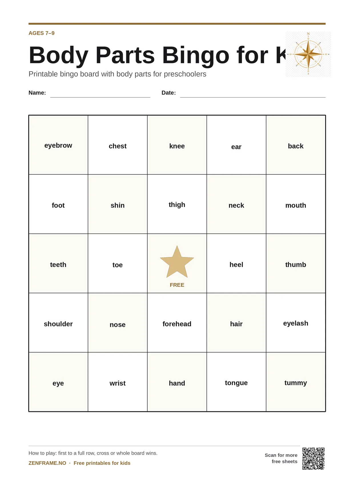 Body Parts Bingo for kids ages 7–9 – free printable A4 board