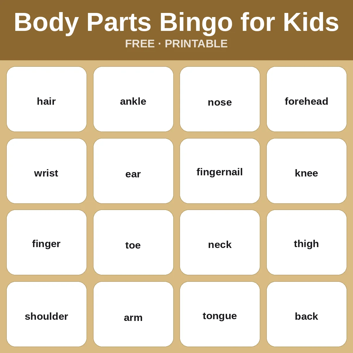 Body Parts Bingo for Kids – free printable bingo for kids