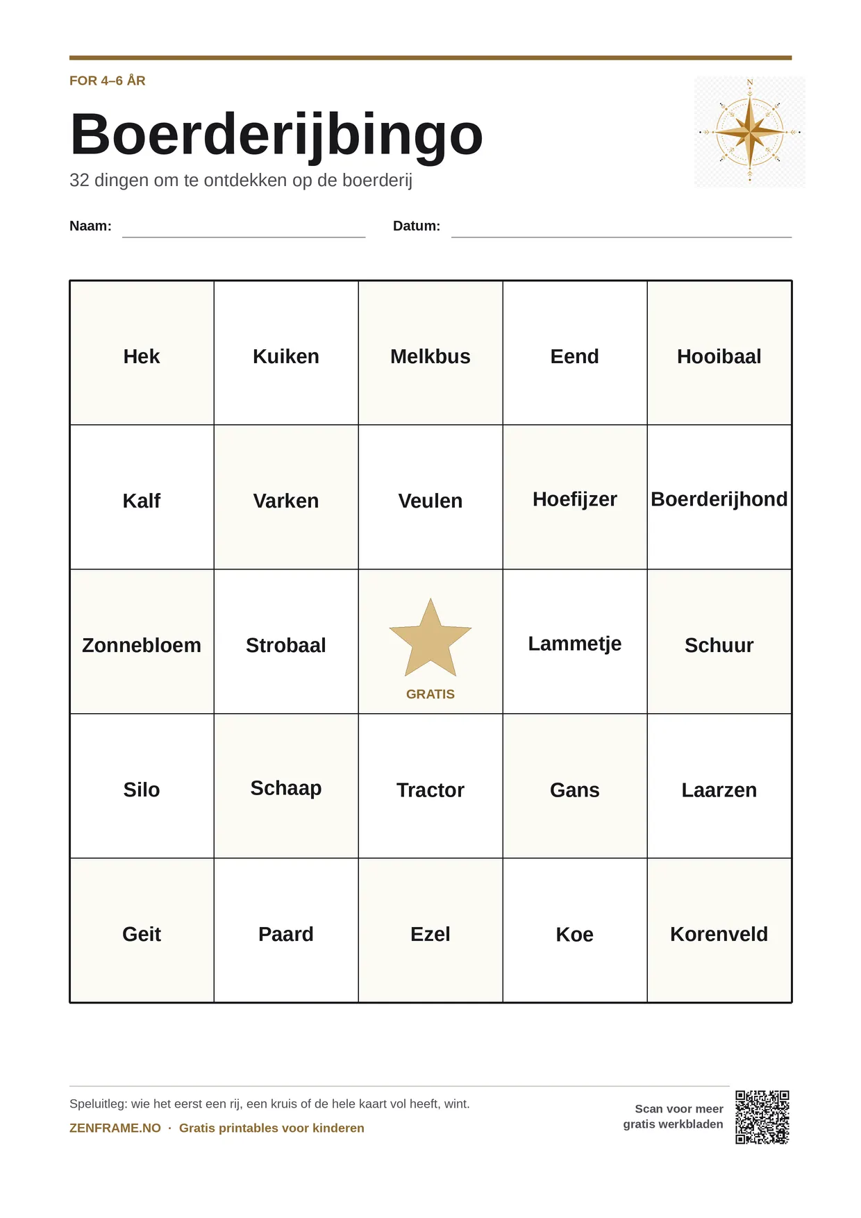 Boerderijbingo voor kinderen 4–6 jaar – gratis printbare A4-kaart