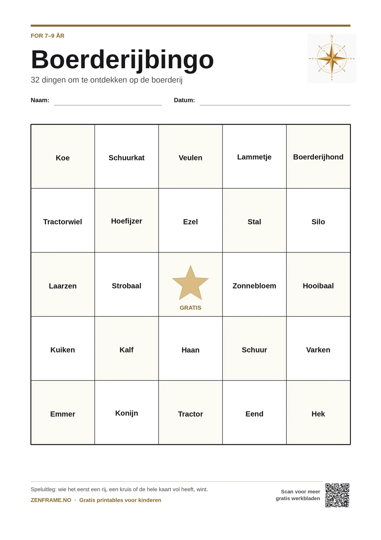Boerderijbingo voor kinderen 7–9 jaar – gratis printbare A4-kaart