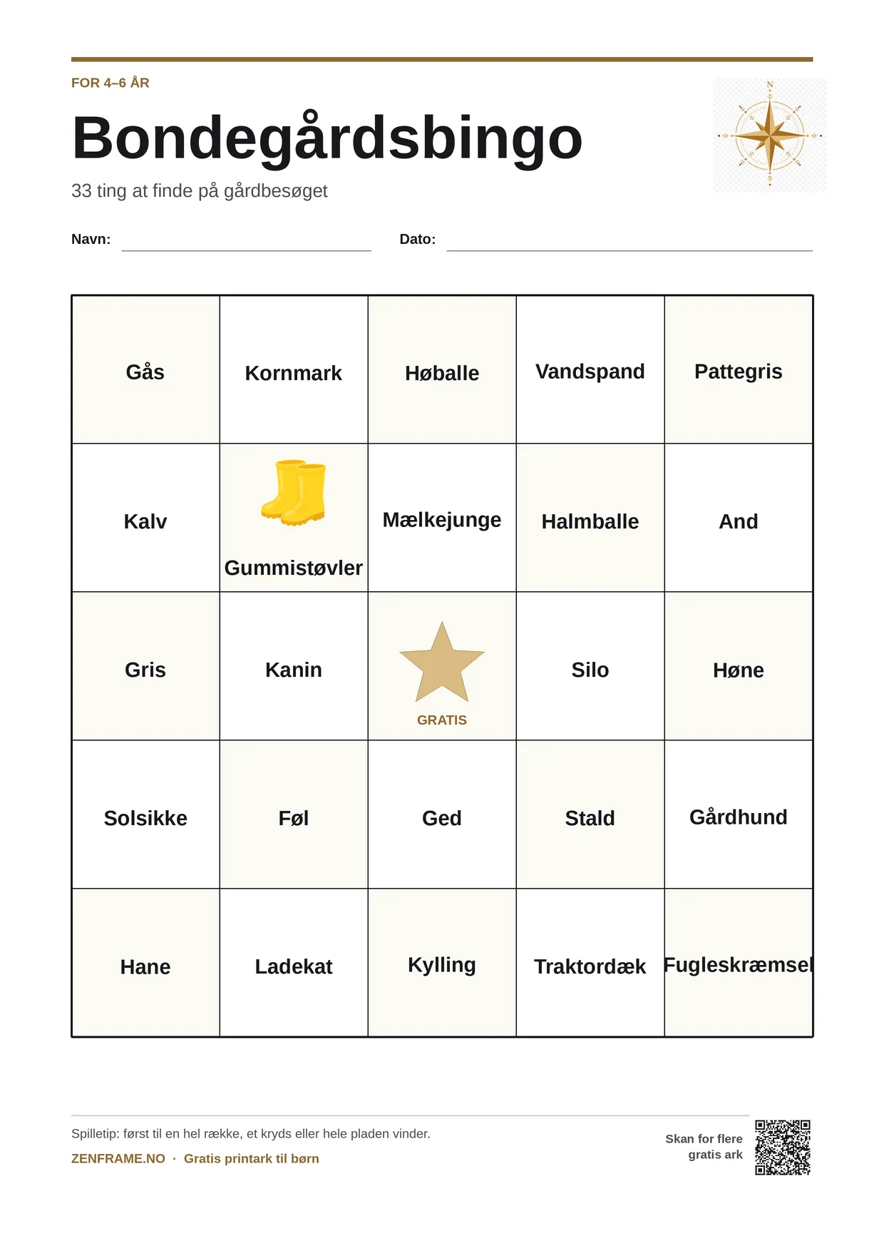 Bondegårdsbingo for børn 4–6 år – gratis printbar A4-plade