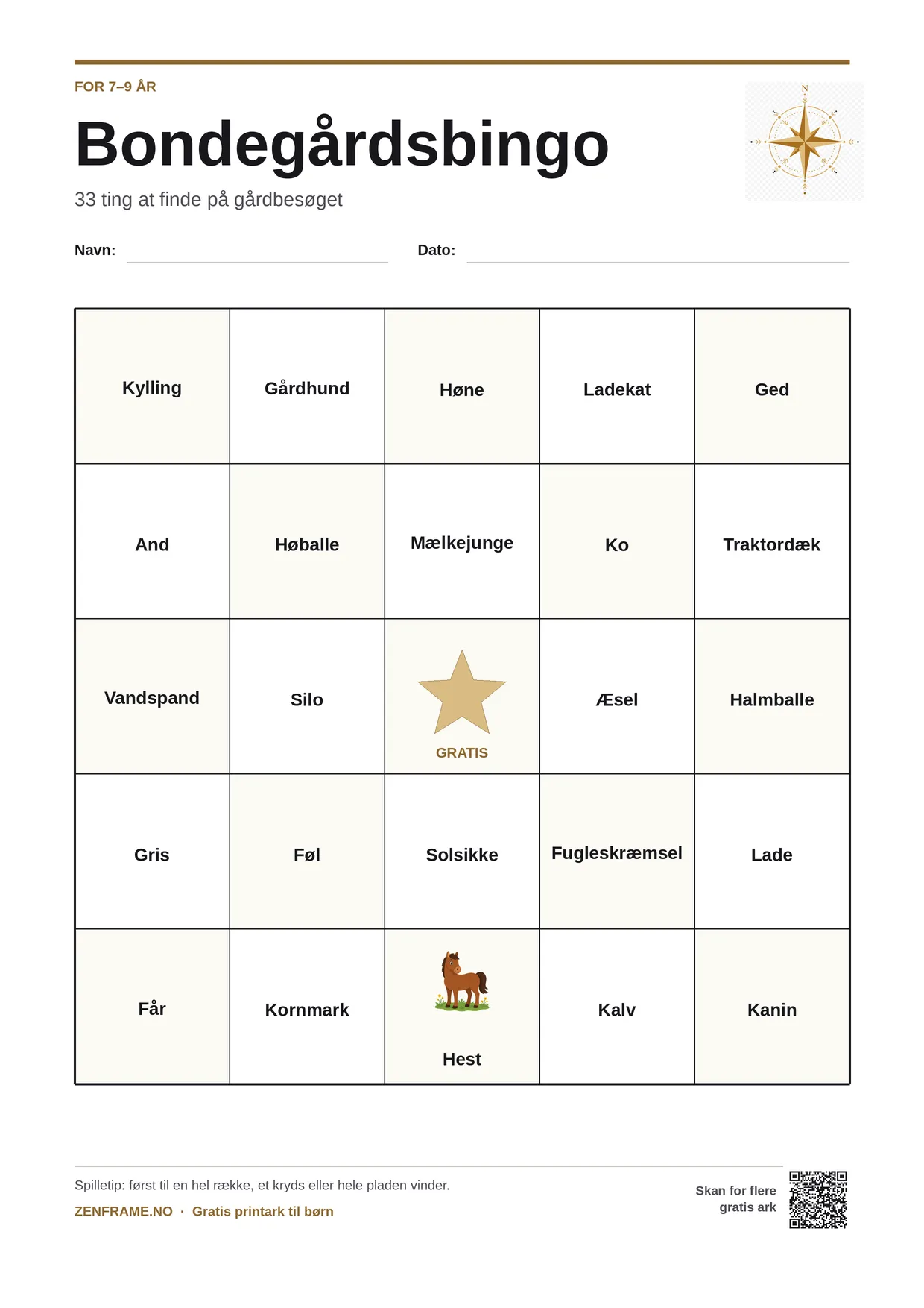 Bondegårdsbingo for børn 7–9 år – gratis printbar A4-plade