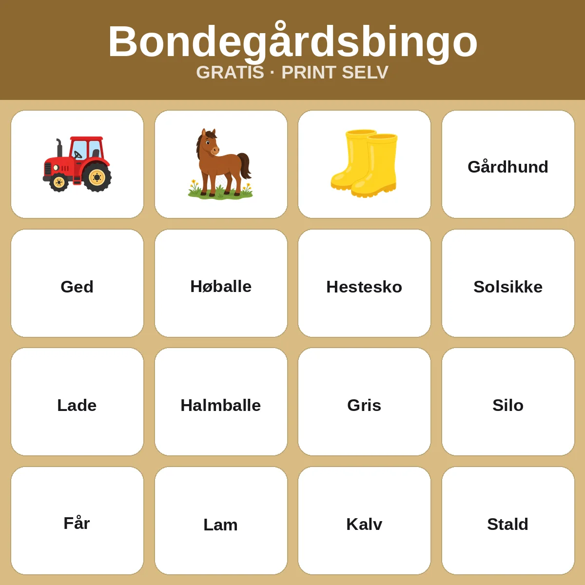 Bondegårdsbingo – gratis bingo til print for børn