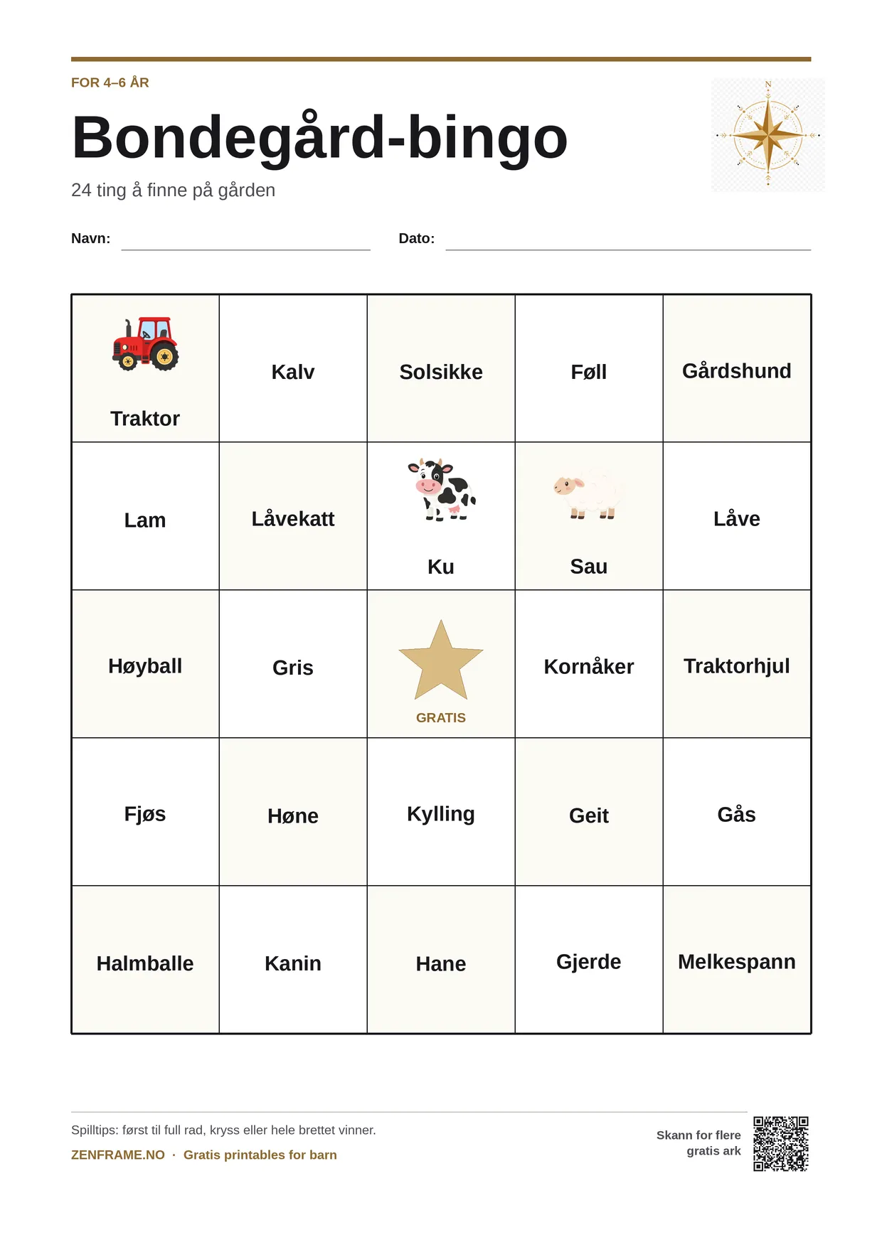 Bondegård-bingo for barn 4–6 år – gratis utskrivbart A4-brett