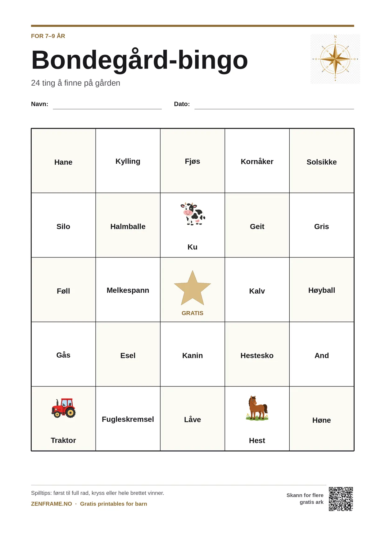 Bondegård-bingo for barn 7–9 år – gratis utskrivbart A4-brett